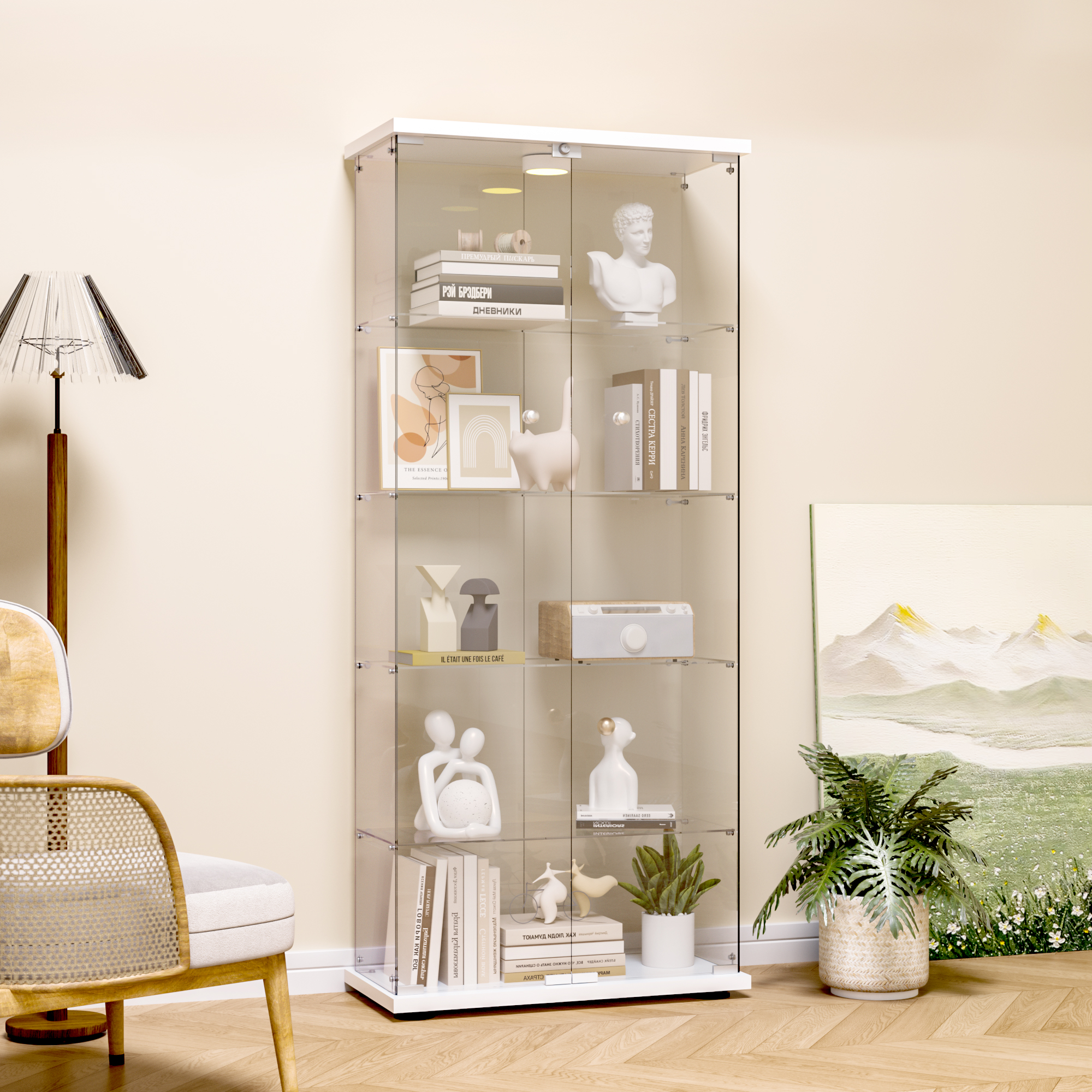 New 5 Shelf Glass Display Cabinet Bookshelf Vintage Cabinets w