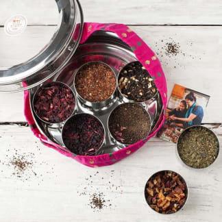 7 Loose Leaf Tea Gift Set, Storage Tin, Silk Sari Wrap and Tea Diffuser
