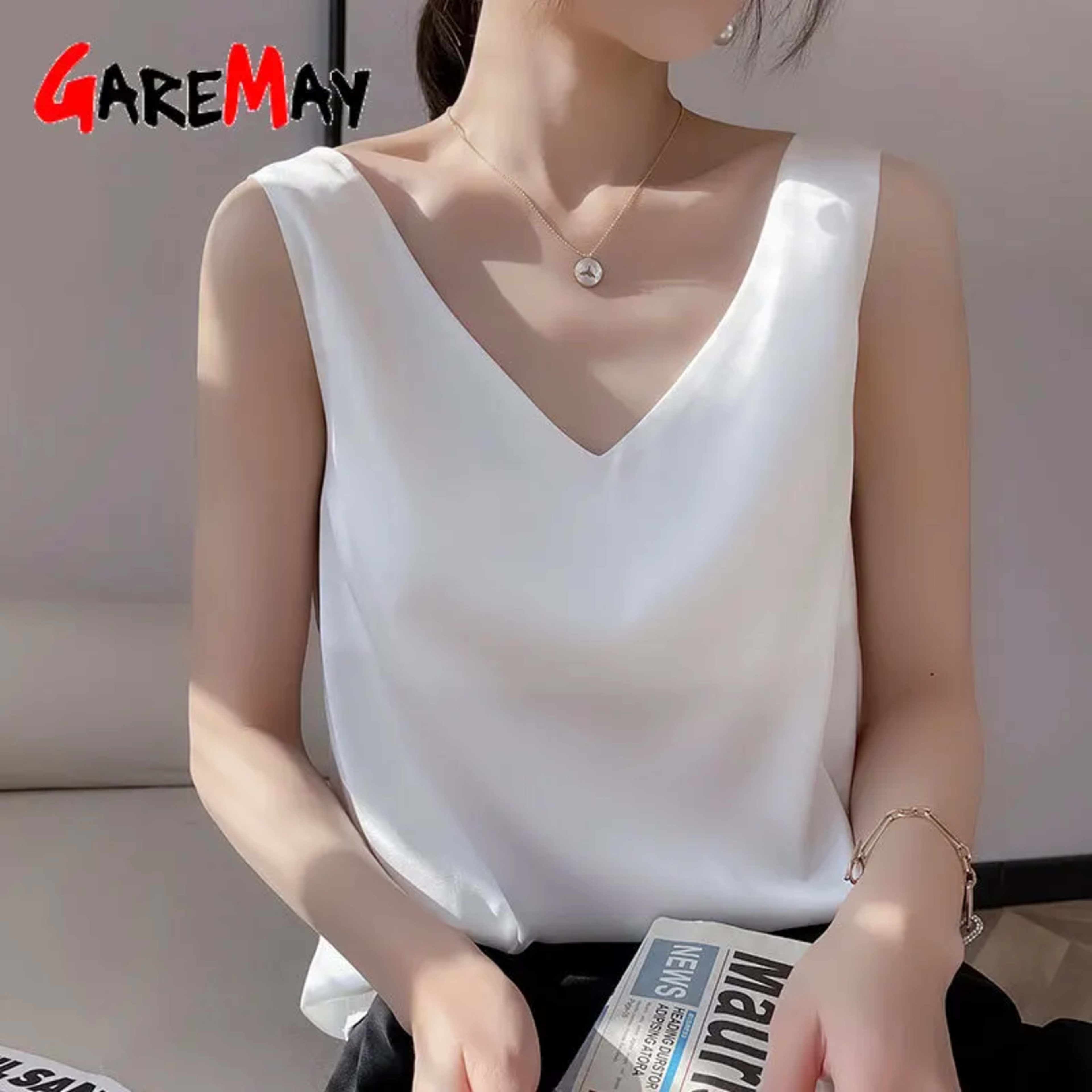 Women's Blouses New Summer Casual V Neck Basic Satin Blouse Top 2025 Loose White Office Green Silk Blouses for Women 2