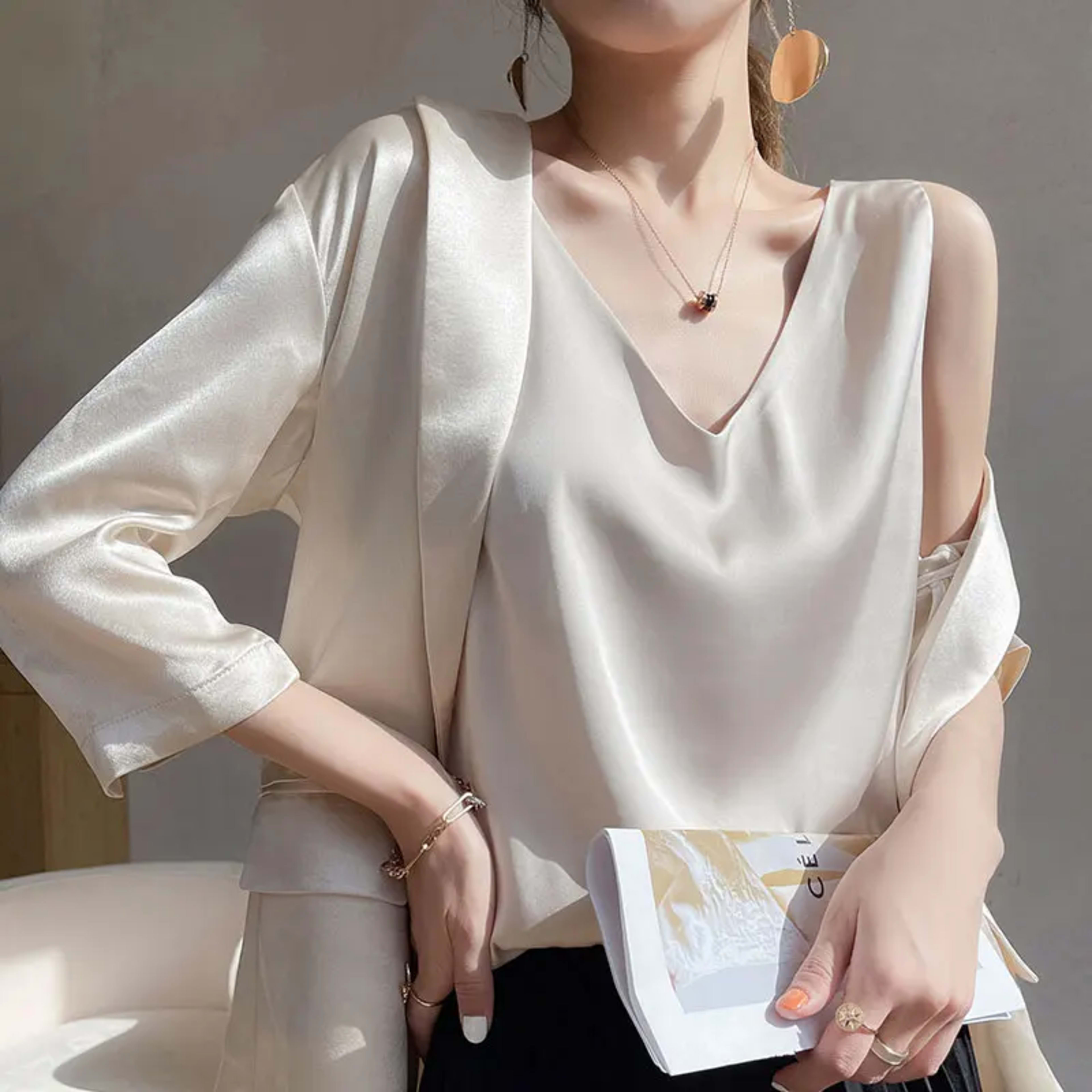 Women's Blouses New Summer Casual V Neck Basic Satin Blouse Top 2025 Loose White Office Green Silk Blouses for Women
