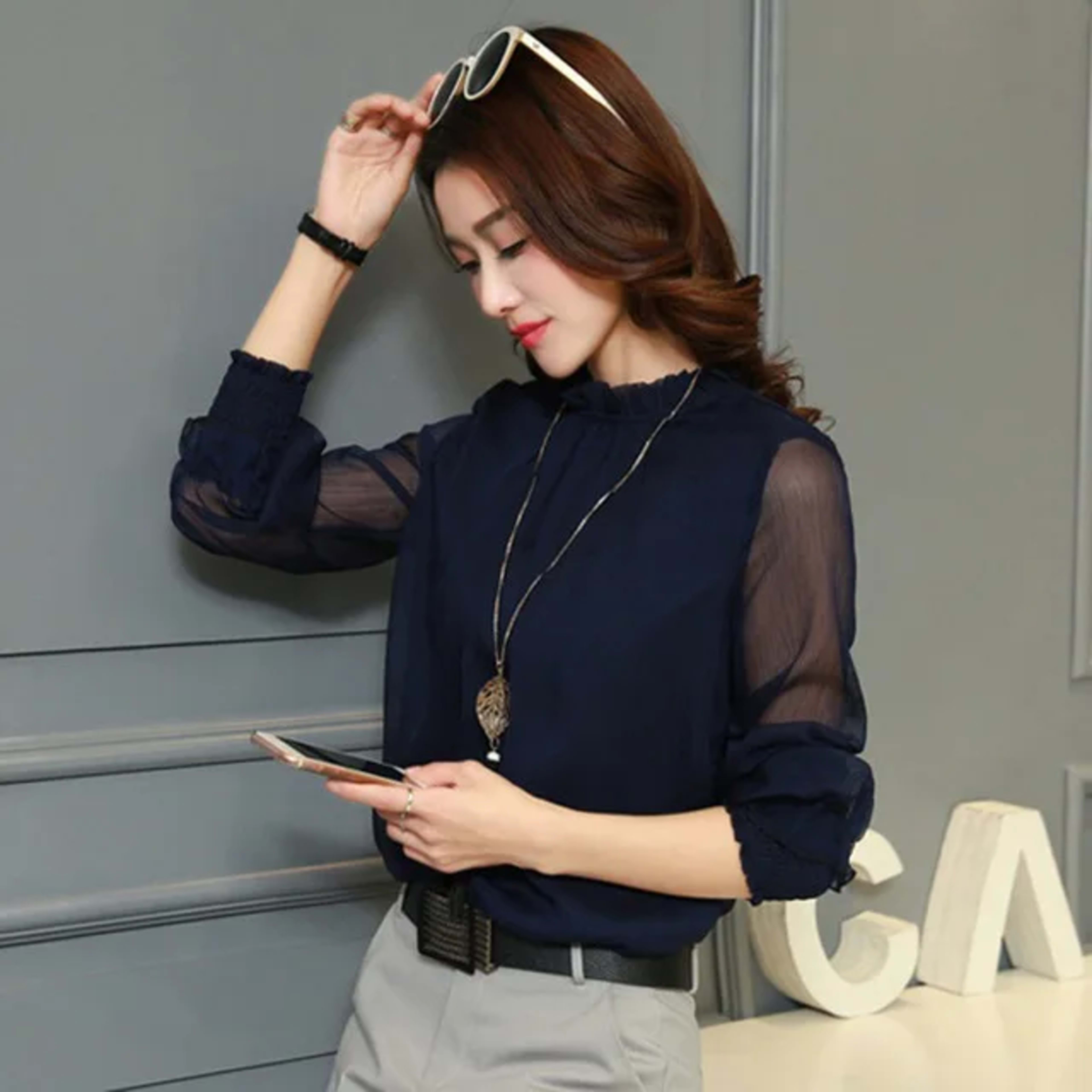 Chiffon Blouse 2019 New Women Tops Long Sleeve Stand Neck Work Wear Shirts Elegant Lady Blouses Casual Solid Color Blusa 9