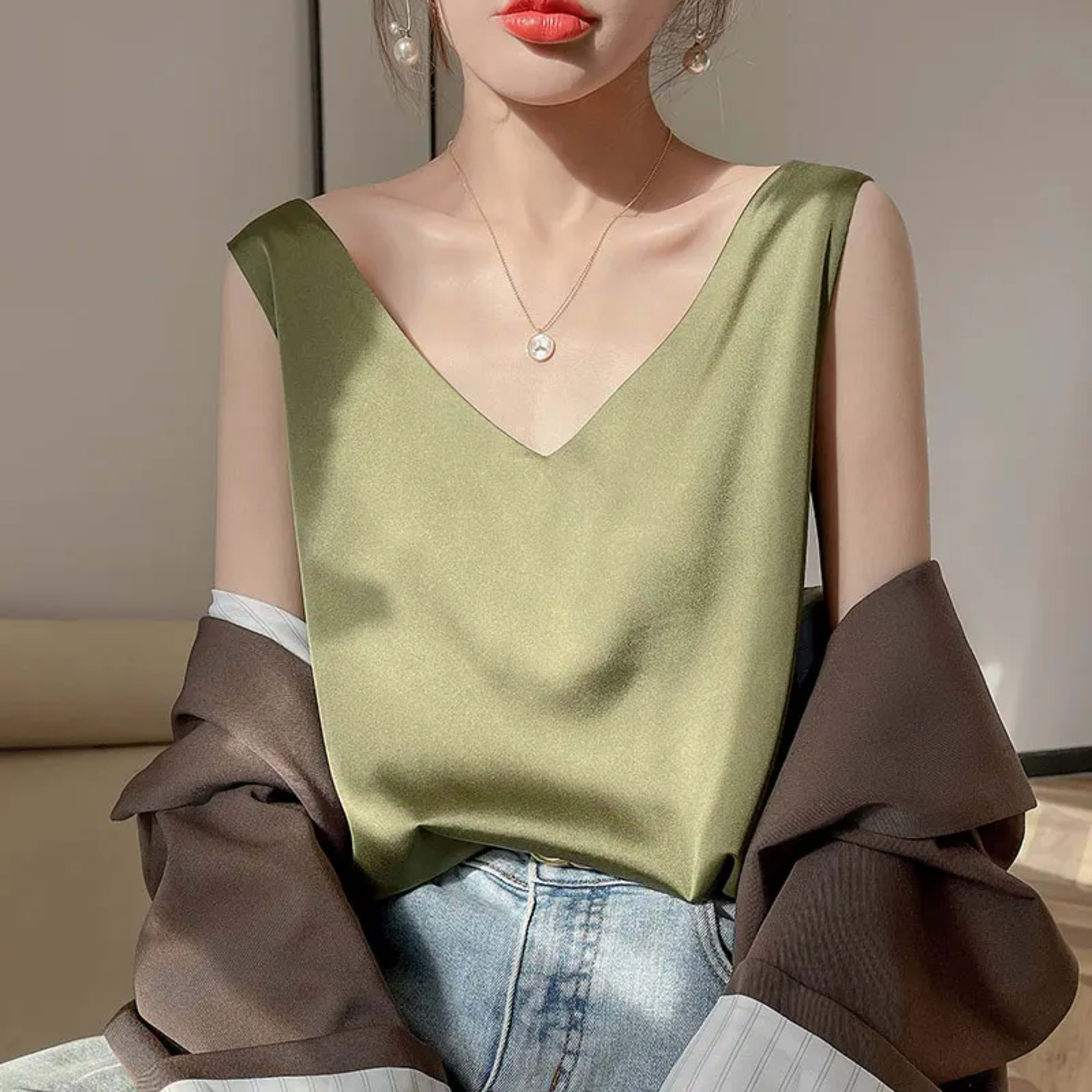 Women's Blouses New Summer Casual V Neck Basic Satin Blouse Top 2025 Loose White Office Green Silk Blouses for Women 9