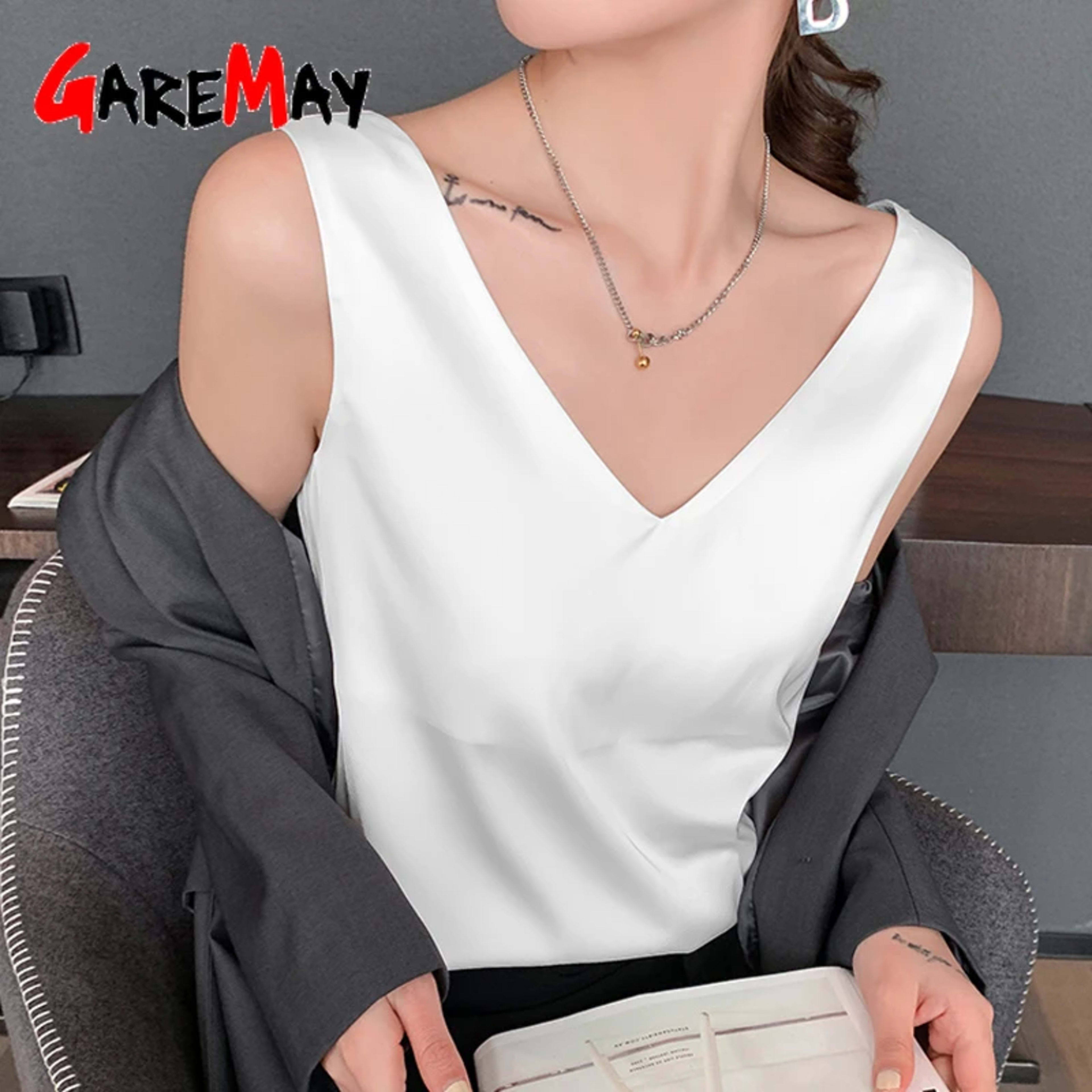 Women's Blouses New Summer Casual V Neck Basic Satin Blouse Top 2025 Loose White Office Green Silk Blouses for Women 5