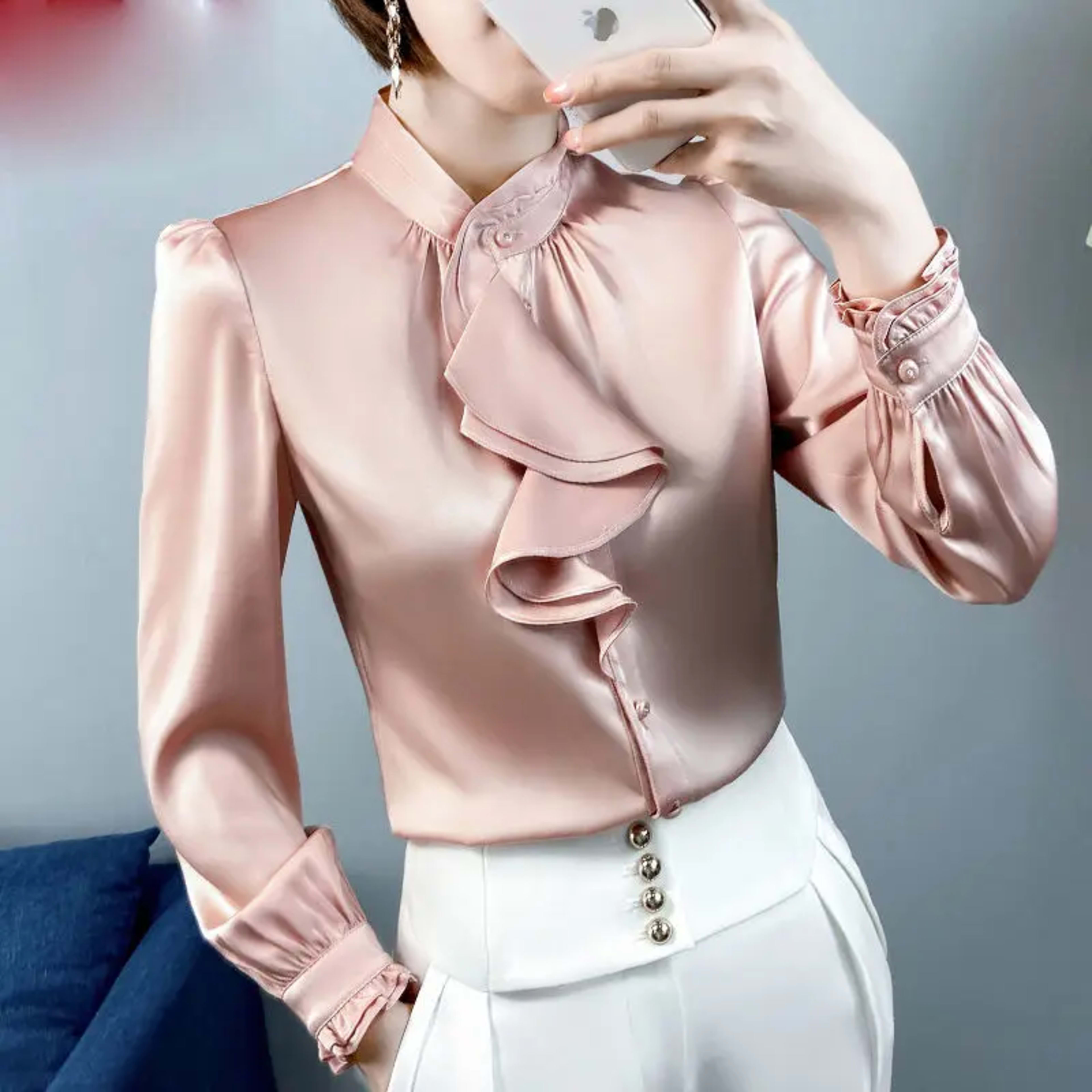 Feminine Blouse Spring Autumn New Elegant Fashion Wave Cut Ruffles Office Lady Shirts Long Sleeve Stand Collar Solid Top 10