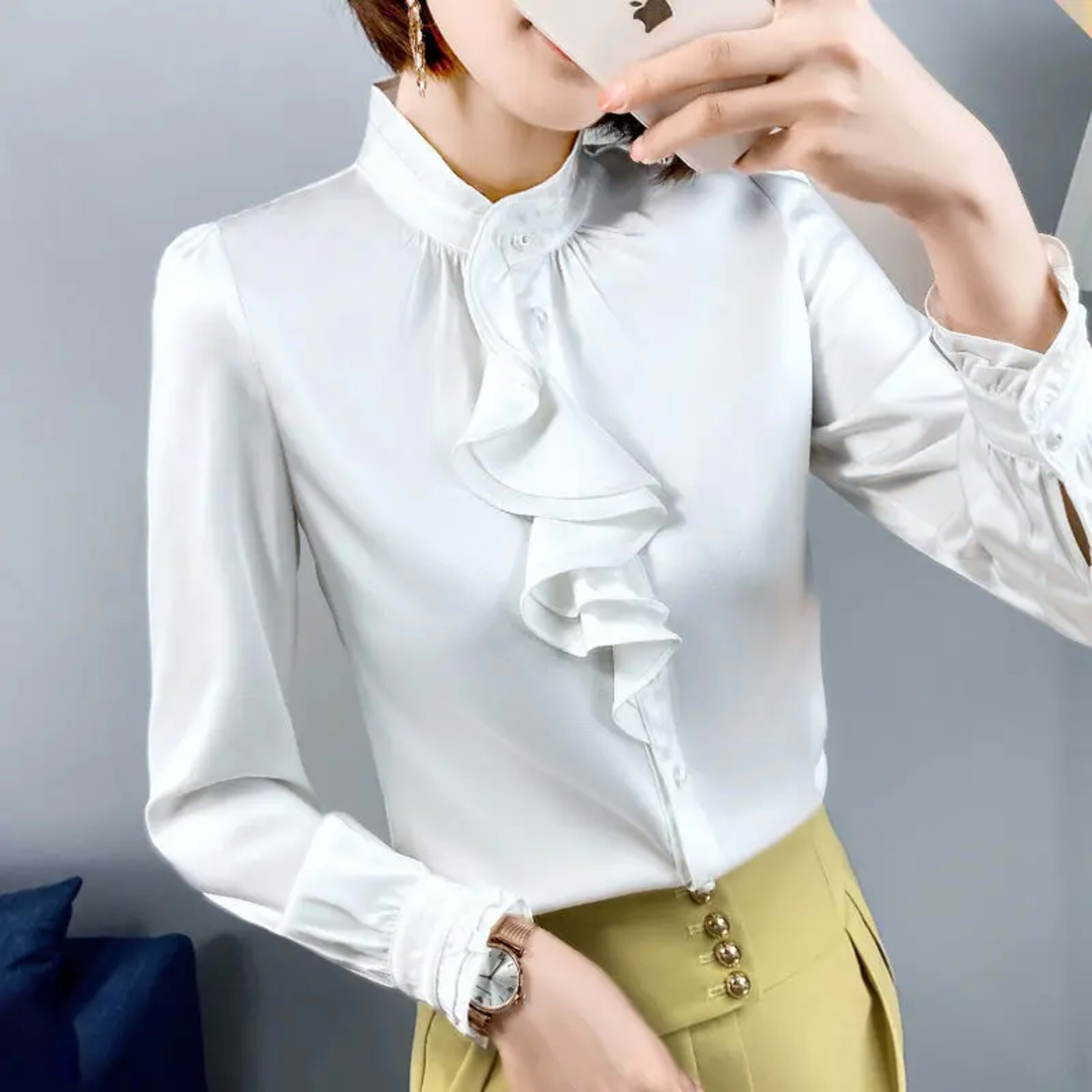 Feminine Blouse Spring Autumn New Elegant Fashion Wave Cut Ruffles Office Lady Shirts Long Sleeve Stand Collar Solid Top 5