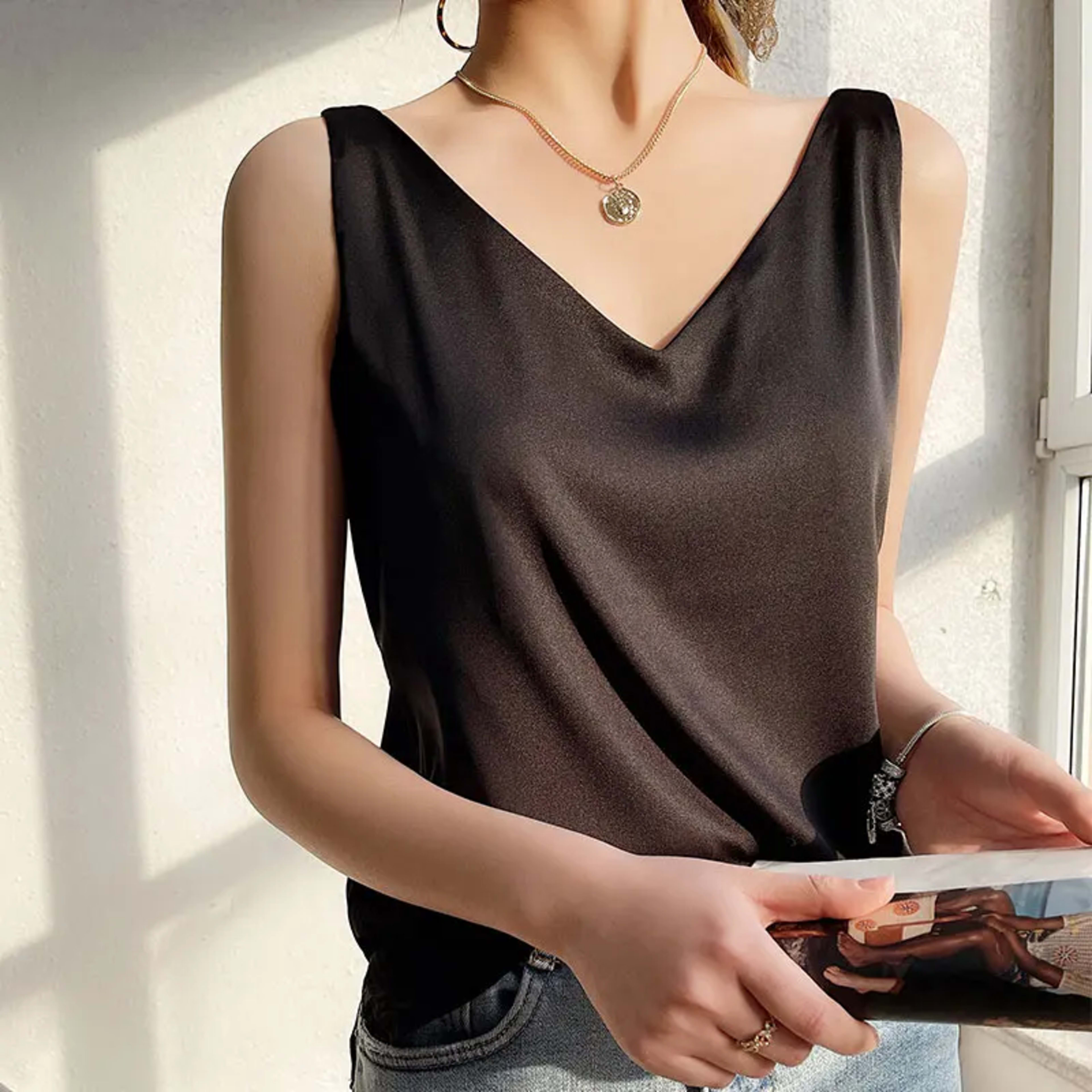 Women's Blouses New Summer Casual V Neck Basic Satin Blouse Top 2025 Loose White Office Green Silk Blouses for Women 8