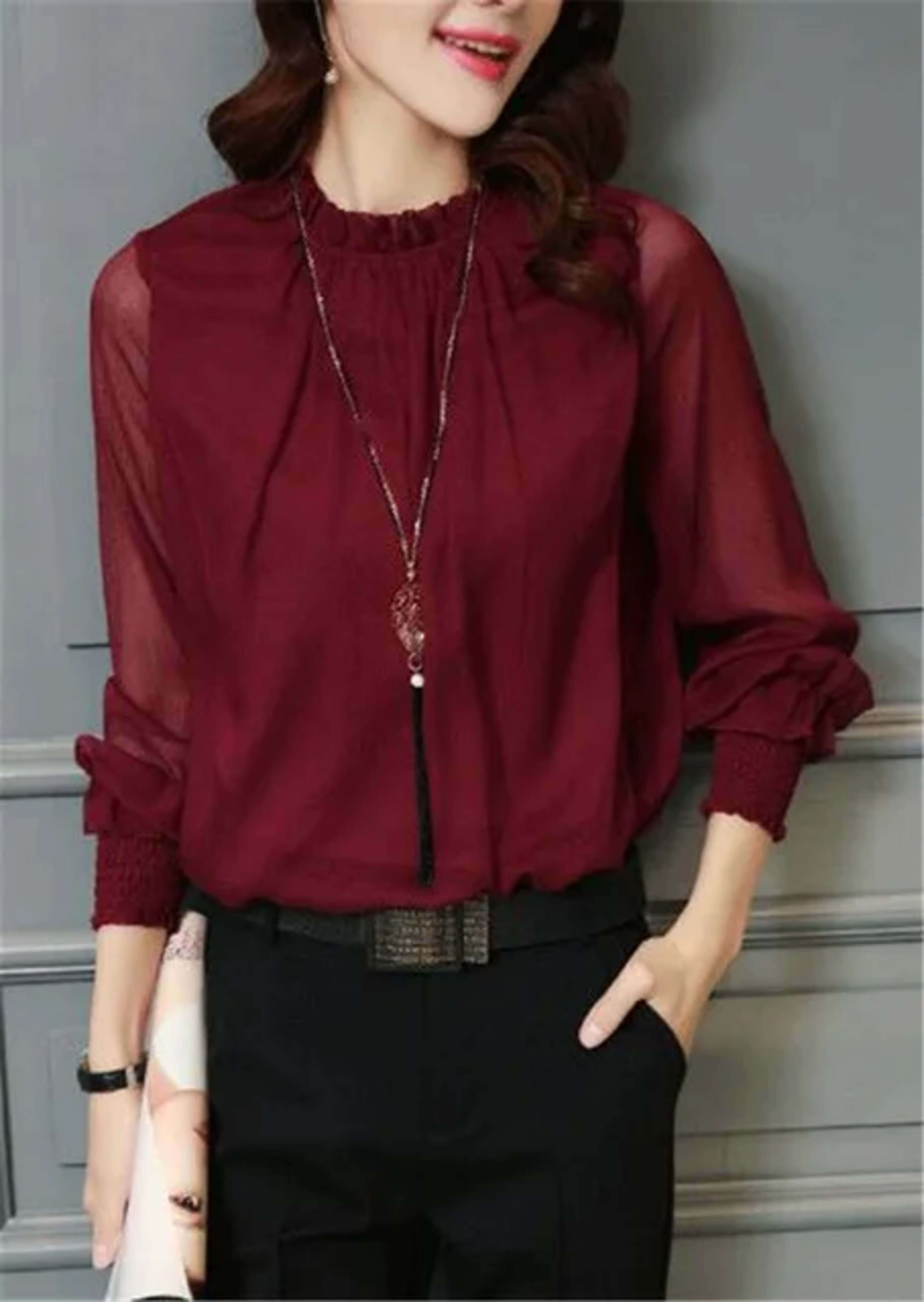 Chiffon Blouse 2019 New Women Tops Long Sleeve Stand Neck Work Wear Shirts Elegant Lady Blouses Casual Solid Color Blusa 10