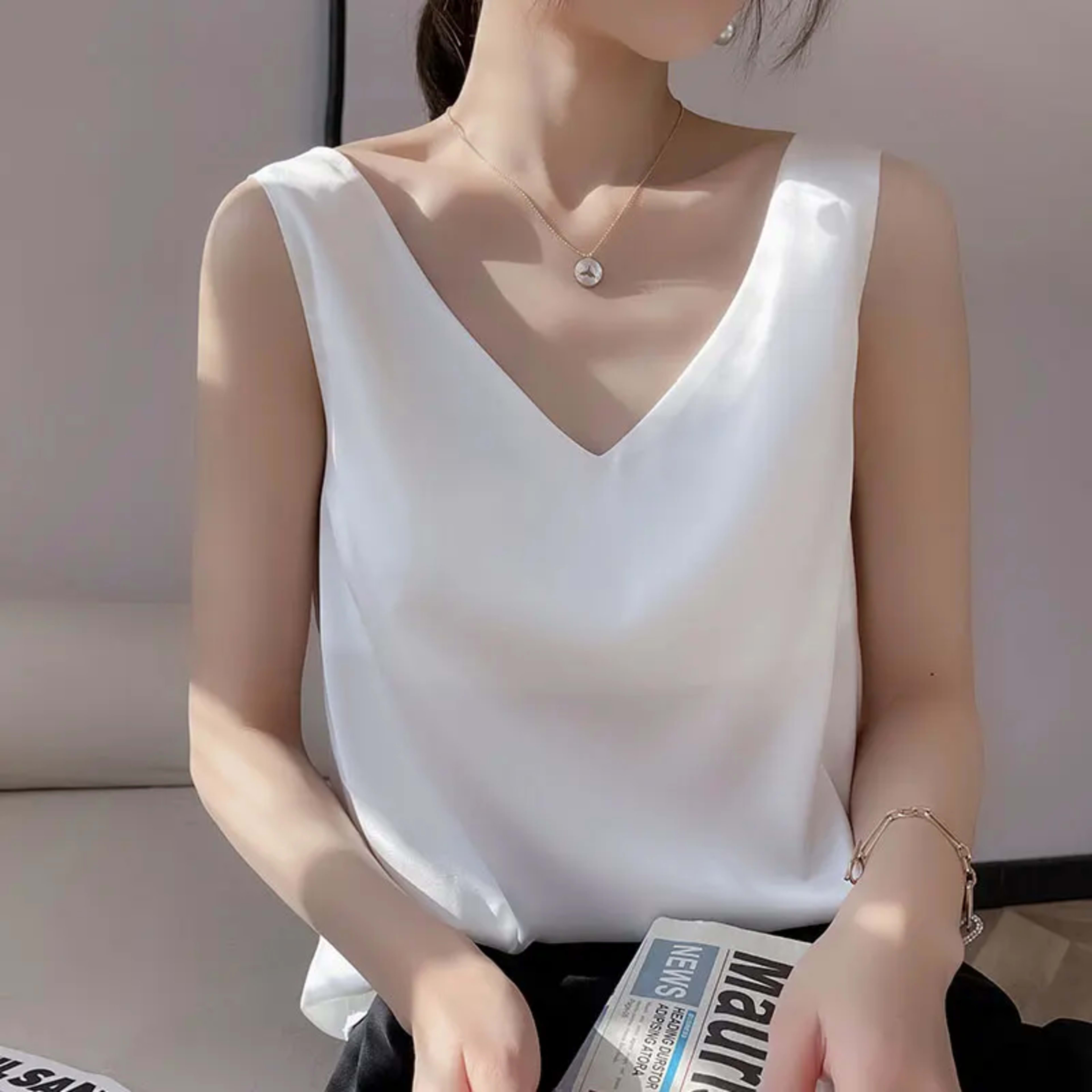 Women's Blouses New Summer Casual V Neck Basic Satin Blouse Top 2025 Loose White Office Green Silk Blouses for Women 10