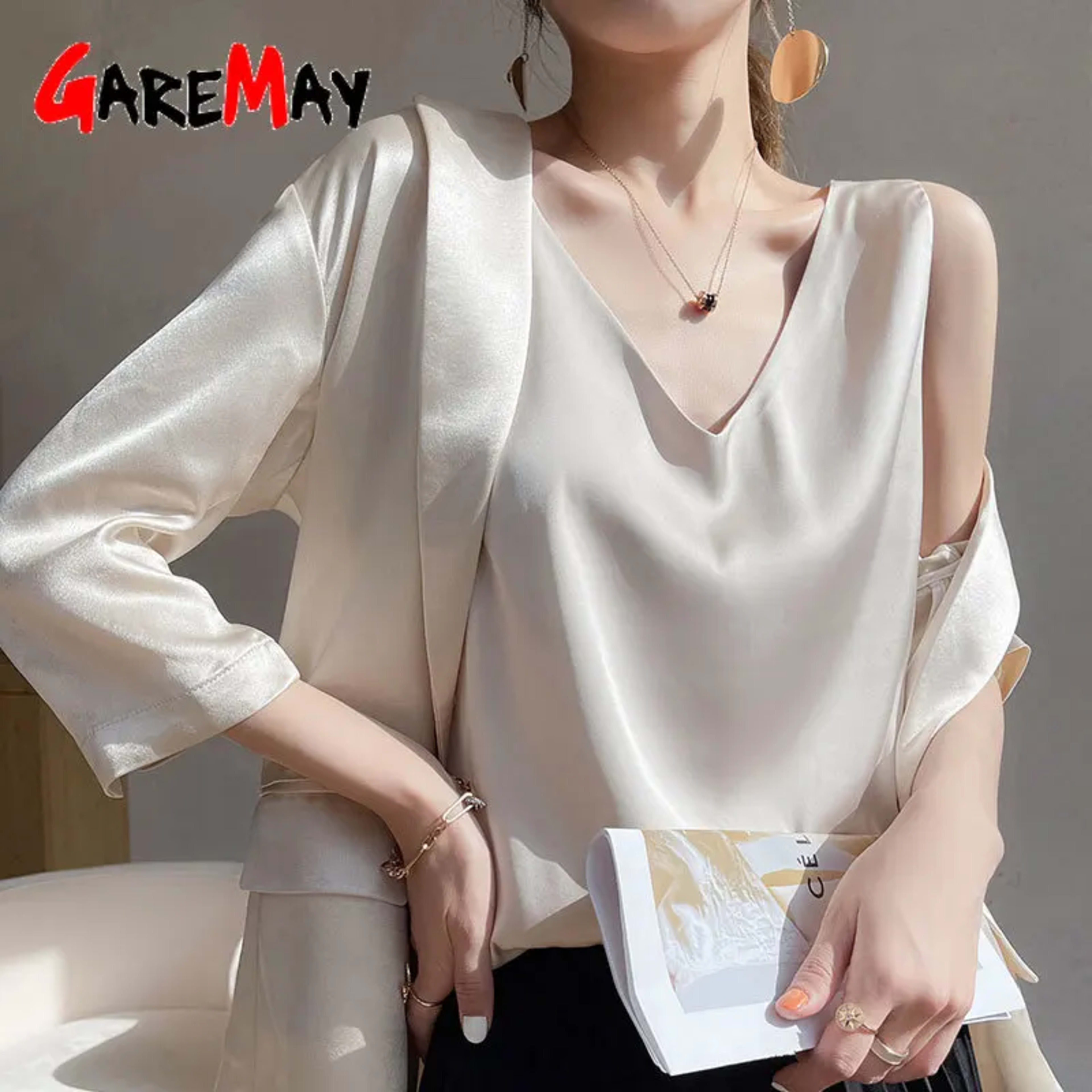 Women's Blouses New Summer Casual V Neck Basic Satin Blouse Top 2025 Loose White Office Green Silk Blouses for Women 1