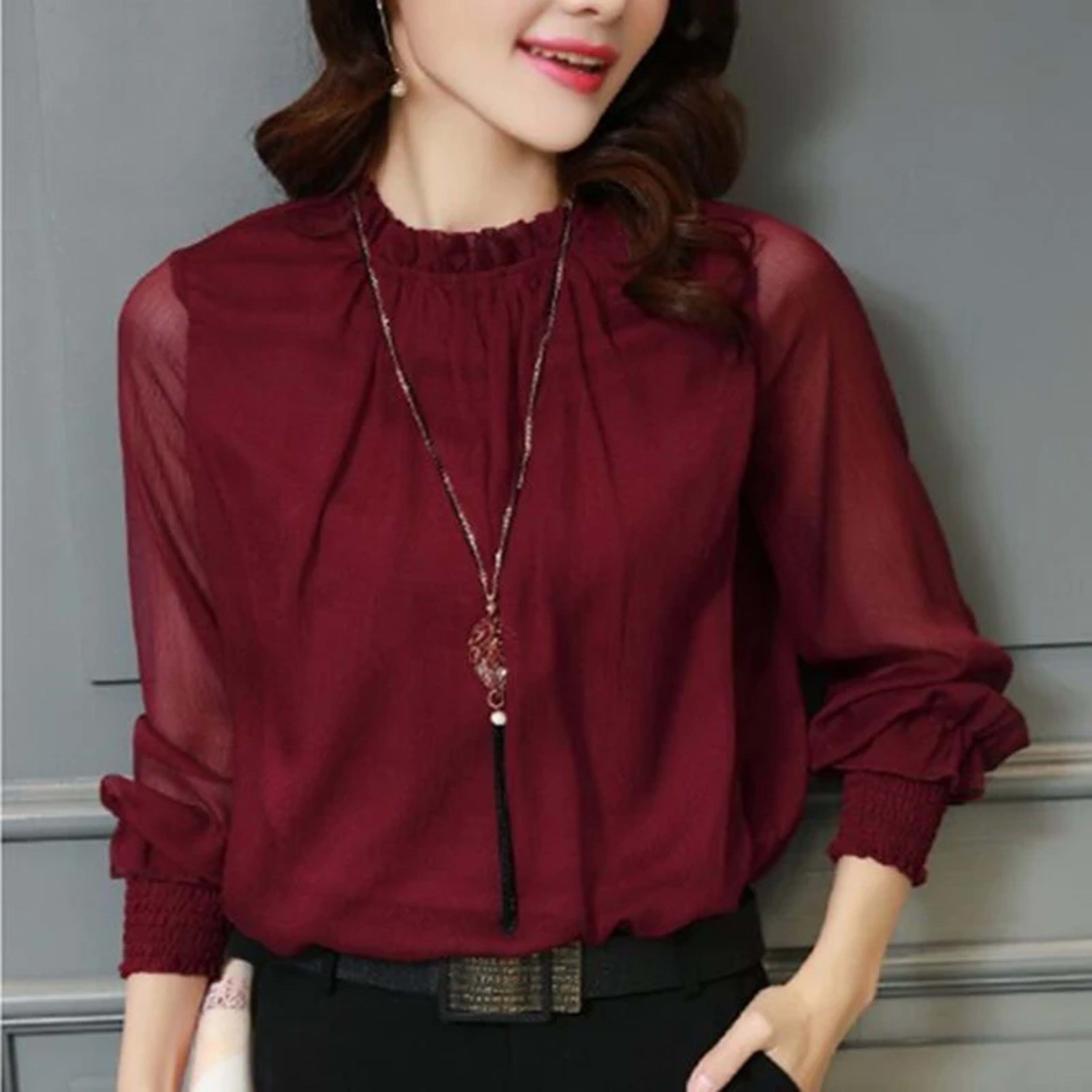 Chiffon Blouse 2019 New Women Tops Long Sleeve Stand Neck Work Wear Shirts Elegant Lady Blouses Casual Solid Color Blusa 5