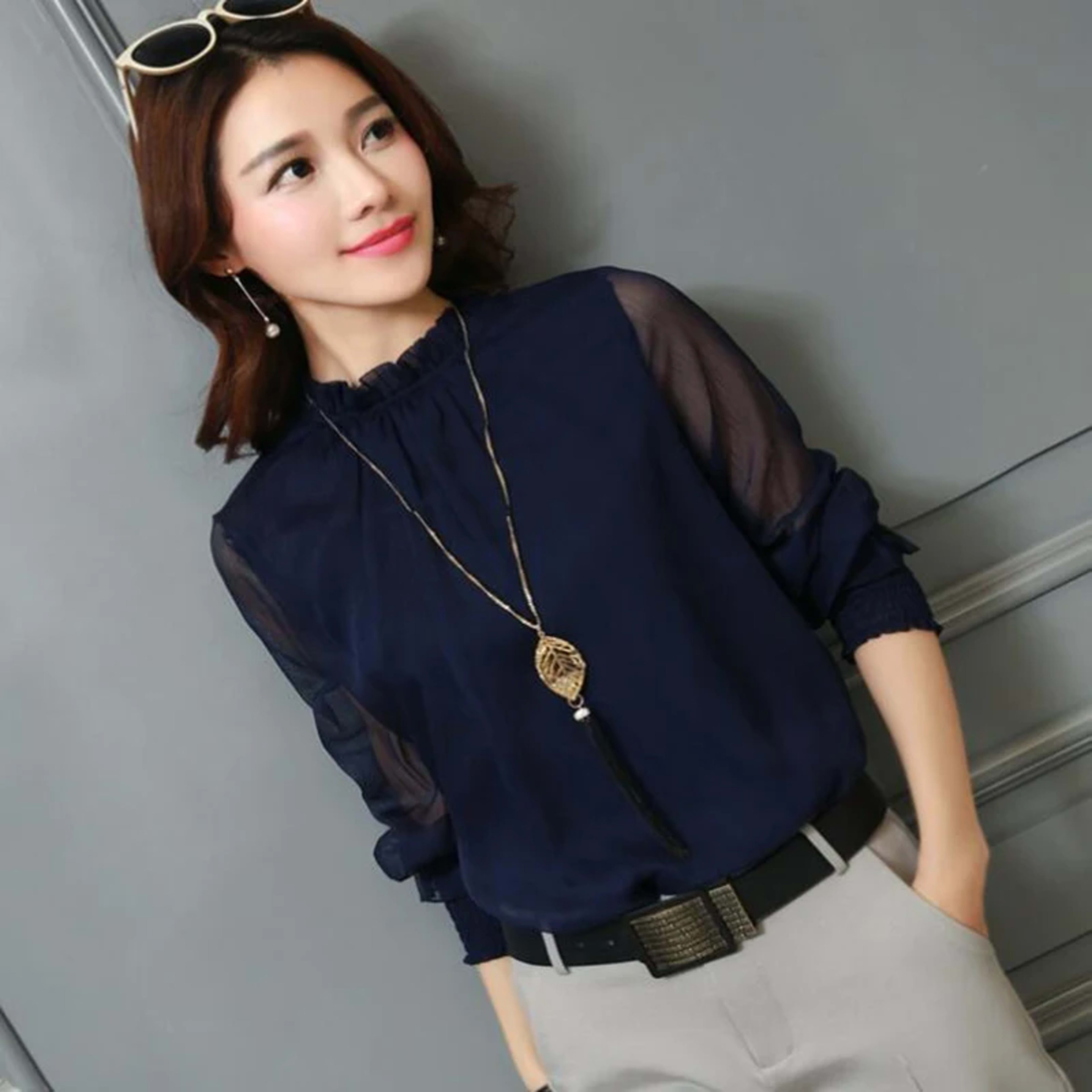 Chiffon Blouse 2019 New Women Tops Long Sleeve Stand Neck Work Wear Shirts Elegant Lady Blouses Casual Solid Color Blusa 6