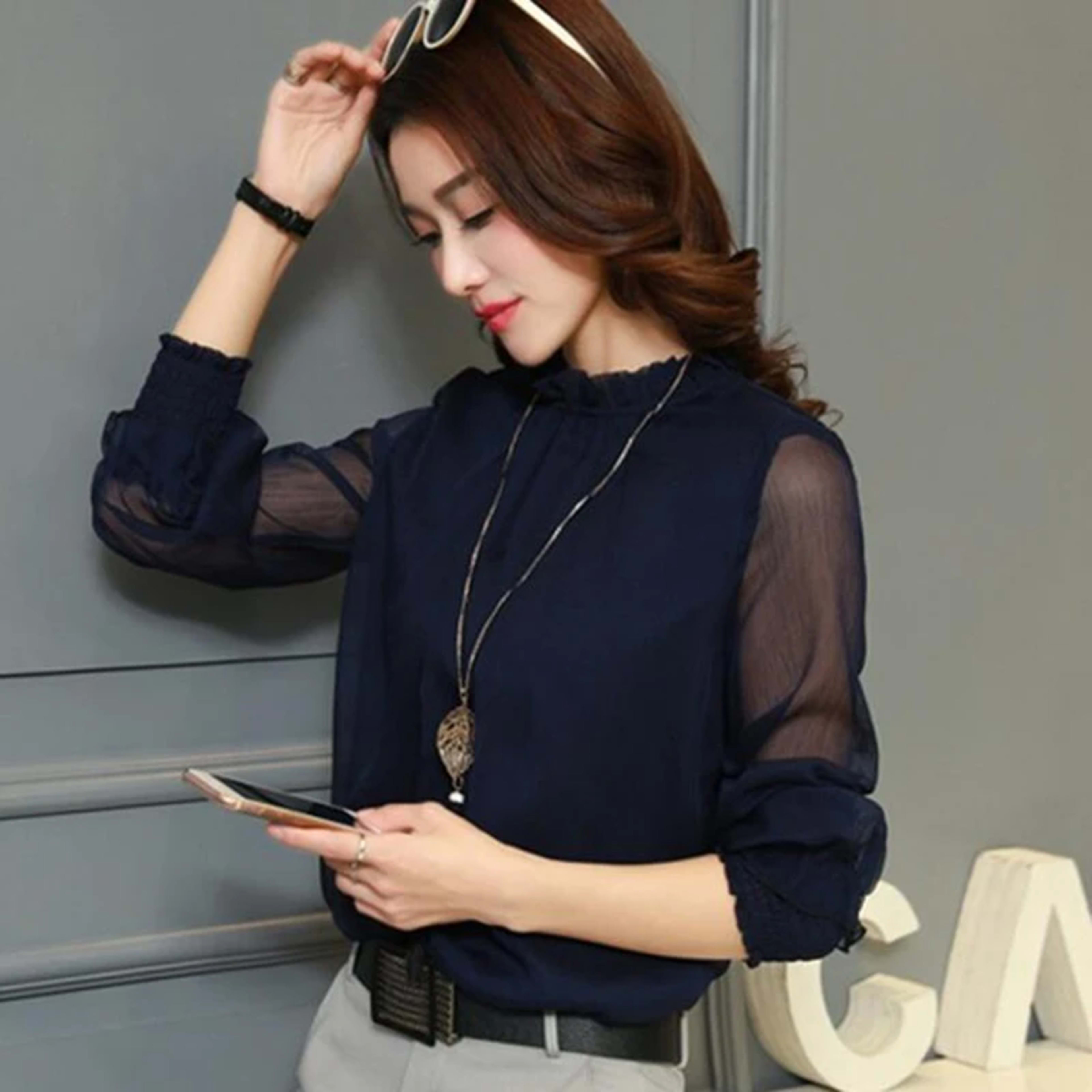 Chiffon Blouse 2019 New Women Tops Long Sleeve Stand Neck Work Wear Shirts Elegant Lady Blouses Casual Solid Color Blusa 4