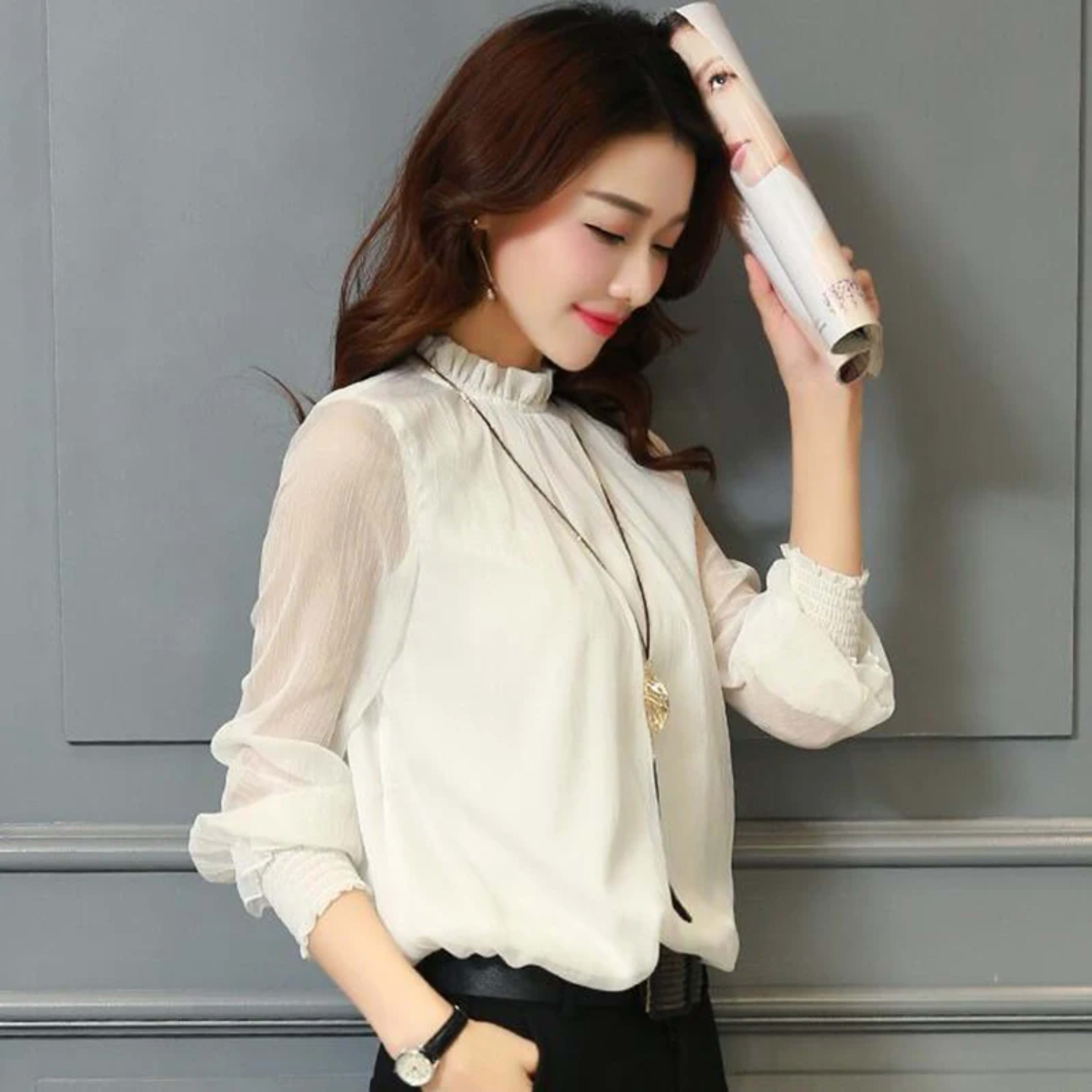 Chiffon Blouse 2019 New Women Tops Long Sleeve Stand Neck Work Wear Shirts Elegant Lady Blouses Casual Solid Color Blusa 3