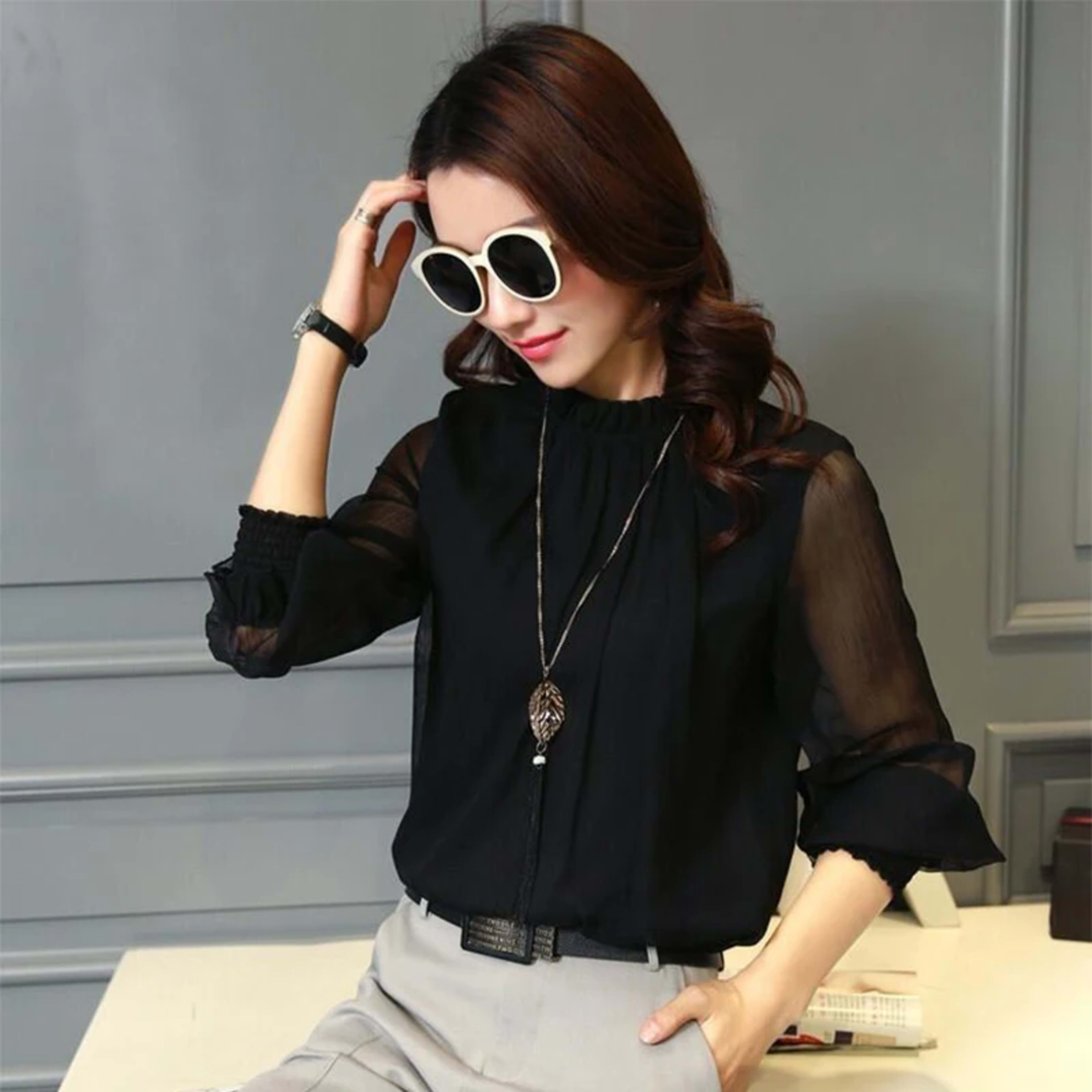 Chiffon Blouse 2019 New Women Tops Long Sleeve Stand Neck Work Wear Shirts Elegant Lady Blouses Casual Solid Color Blusa 1