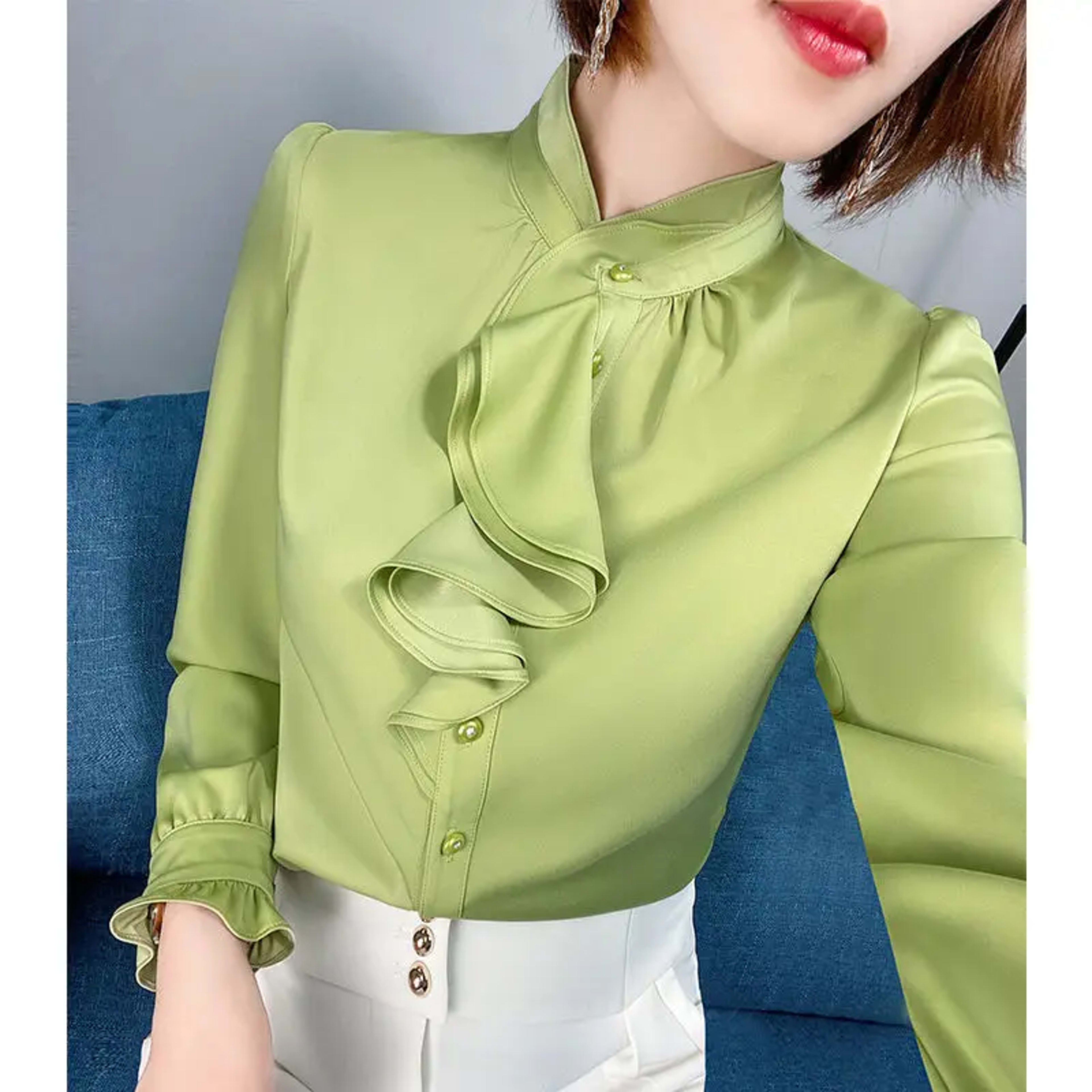 Feminine Blouse Spring Autumn New Elegant Fashion Wave Cut Ruffles Office Lady Shirts Long Sleeve Stand Collar Solid Top 9