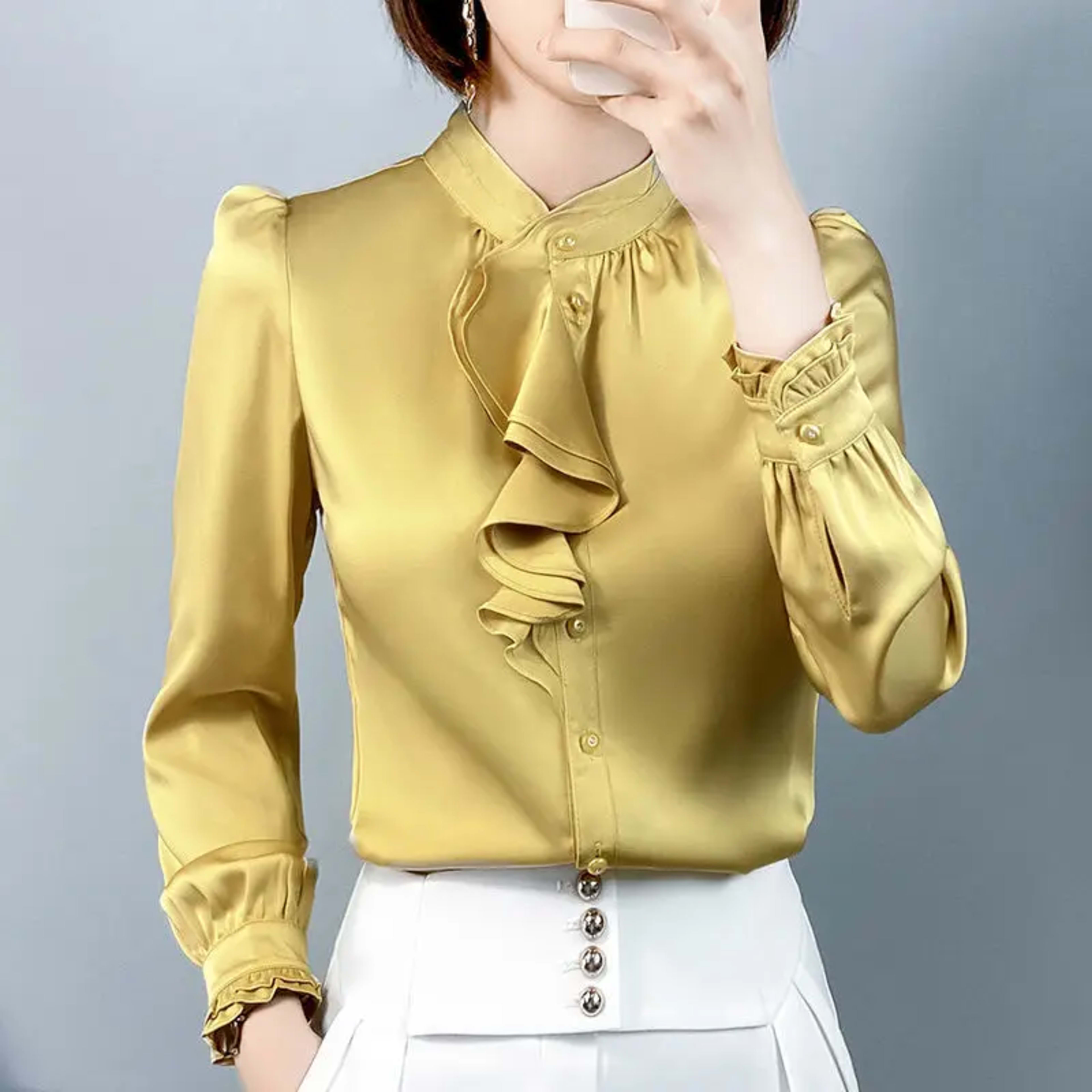 Feminine Blouse Spring Autumn New Elegant Fashion Wave Cut Ruffles Office Lady Shirts Long Sleeve Stand Collar Solid Top