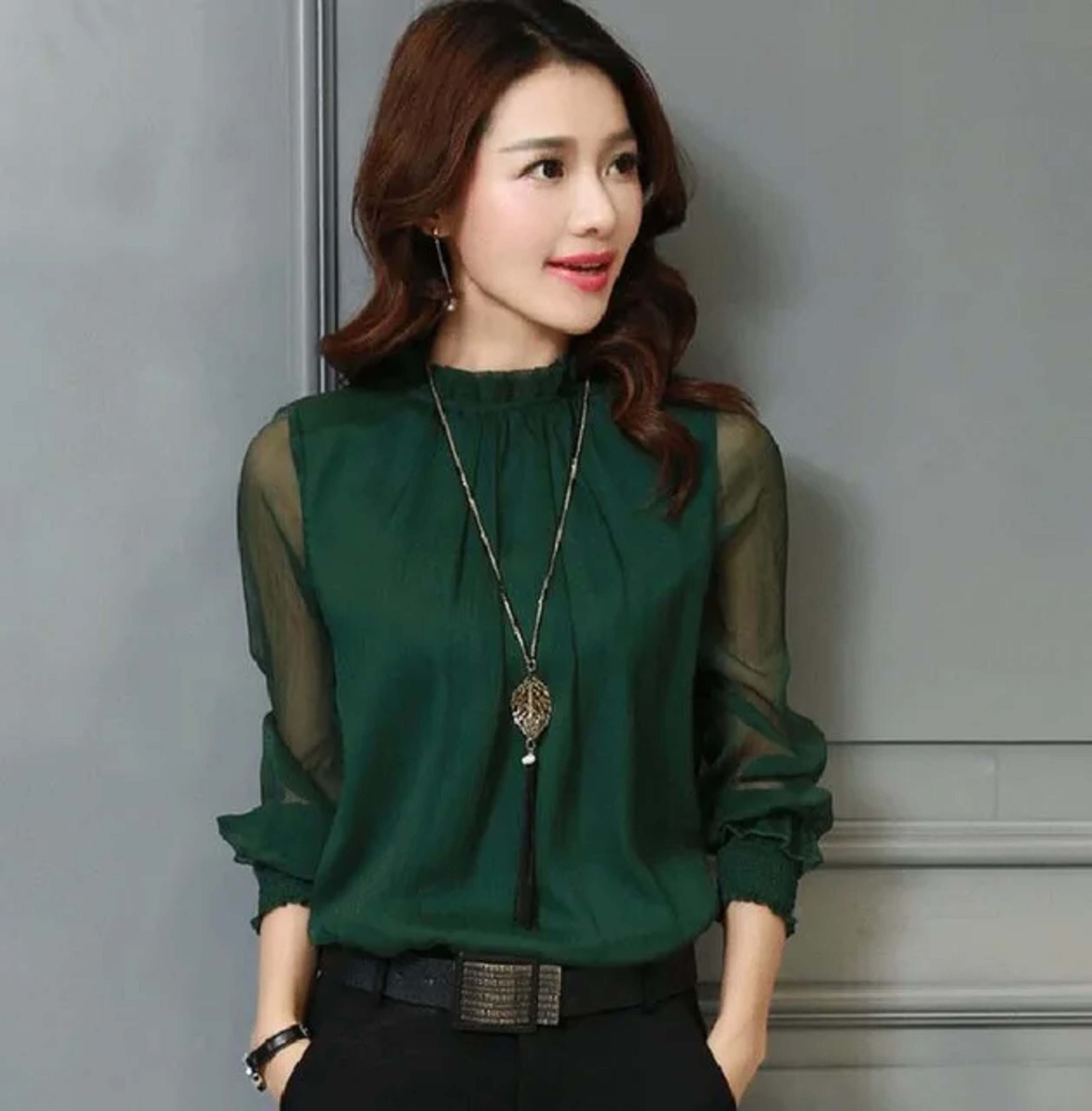 Chiffon Blouse 2019 New Women Tops Long Sleeve Stand Neck Work Wear Shirts Elegant Lady Blouses Casual Solid Color Blusa 8