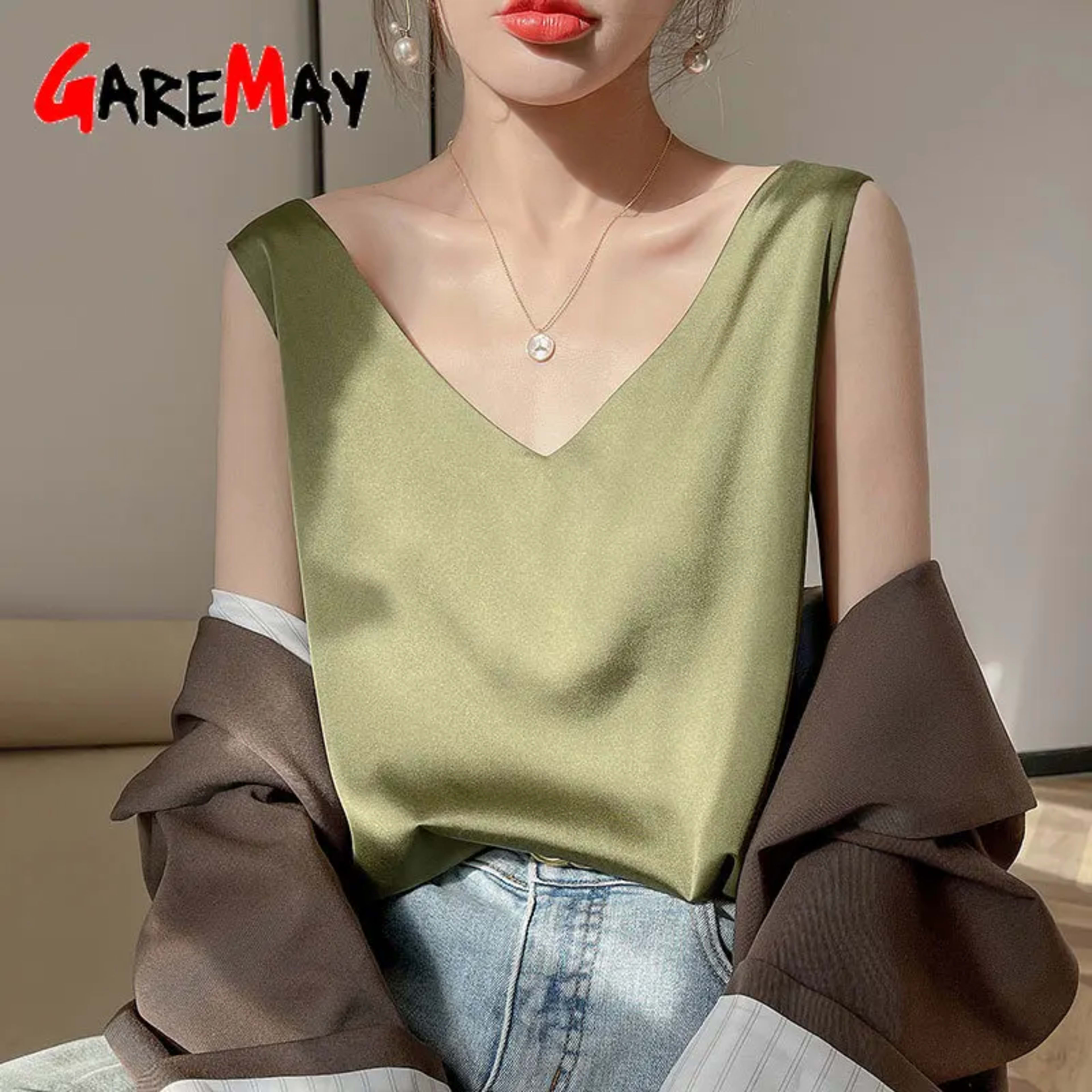 Women's Blouses New Summer Casual V Neck Basic Satin Blouse Top 2025 Loose White Office Green Silk Blouses for Women 4