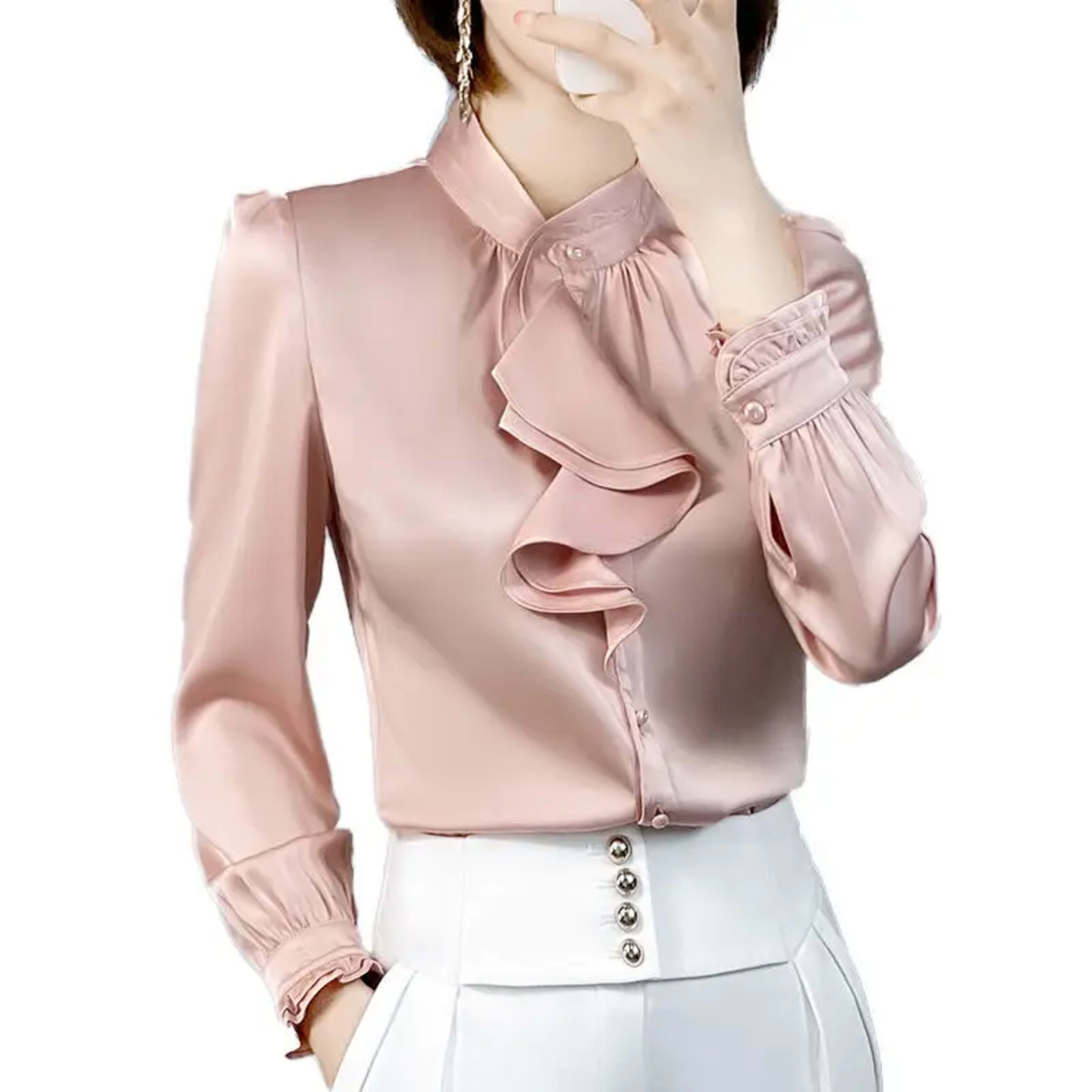 Feminine Blouse Spring Autumn New Elegant Fashion Wave Cut Ruffles Office Lady Shirts Long Sleeve Stand Collar Solid Top 6