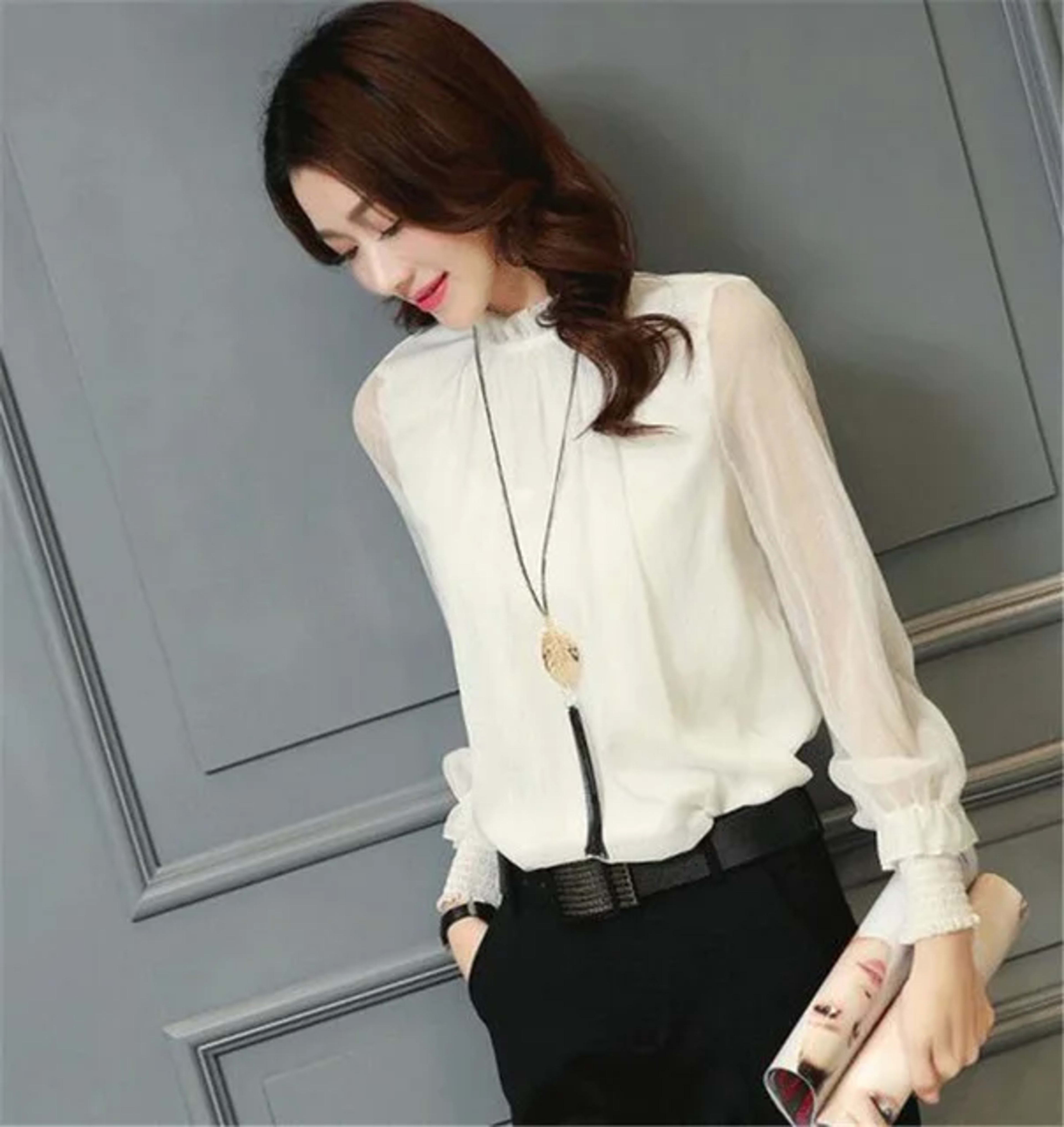 Chiffon Blouse 2019 New Women Tops Long Sleeve Stand Neck Work Wear Shirts Elegant Lady Blouses Casual Solid Color Blusa 11