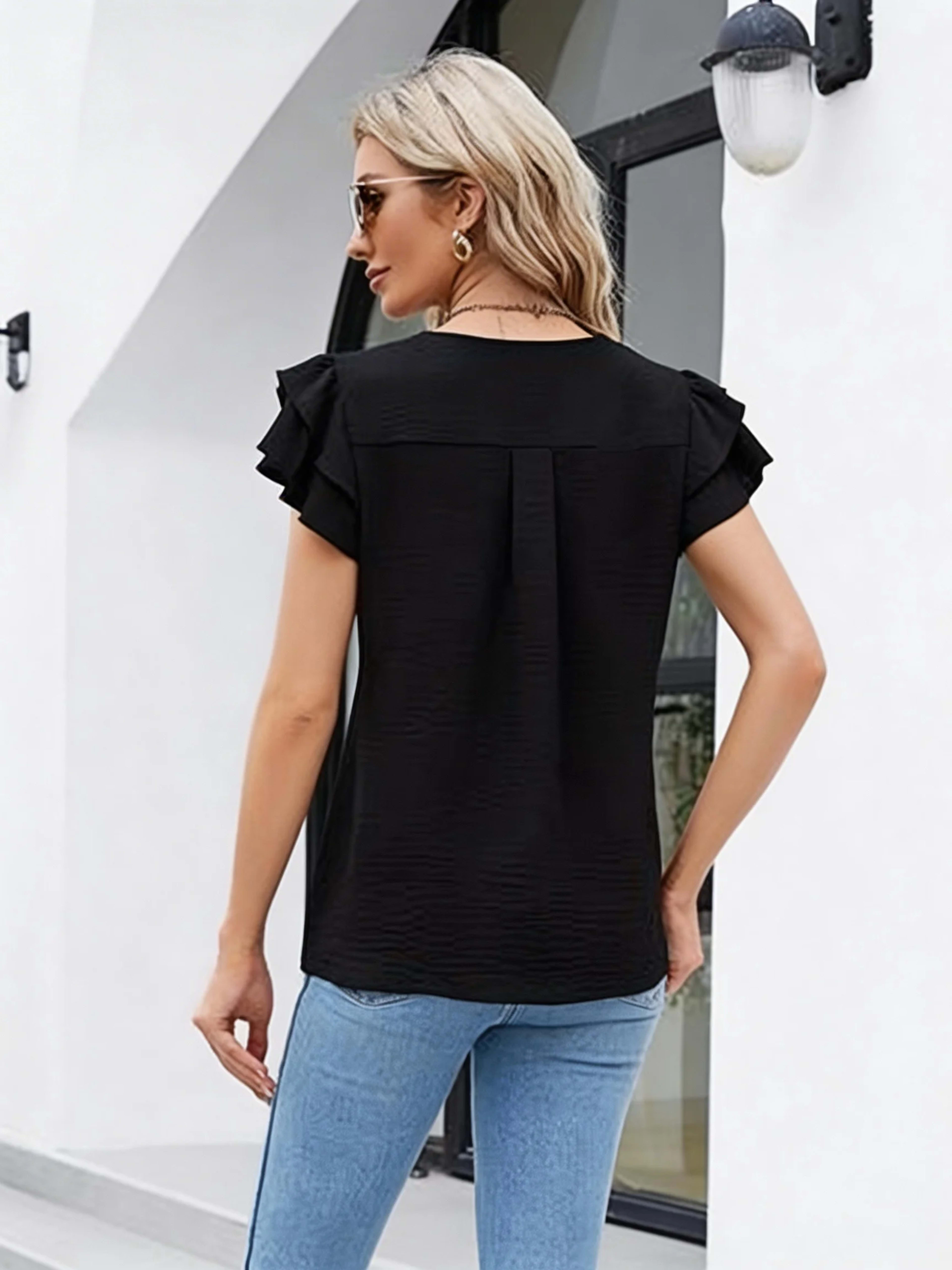 Women's Casual Blouse - V-Neck Ruffle Sleeve Top with Soft Wrinkled Fabric for Daily Wear 2