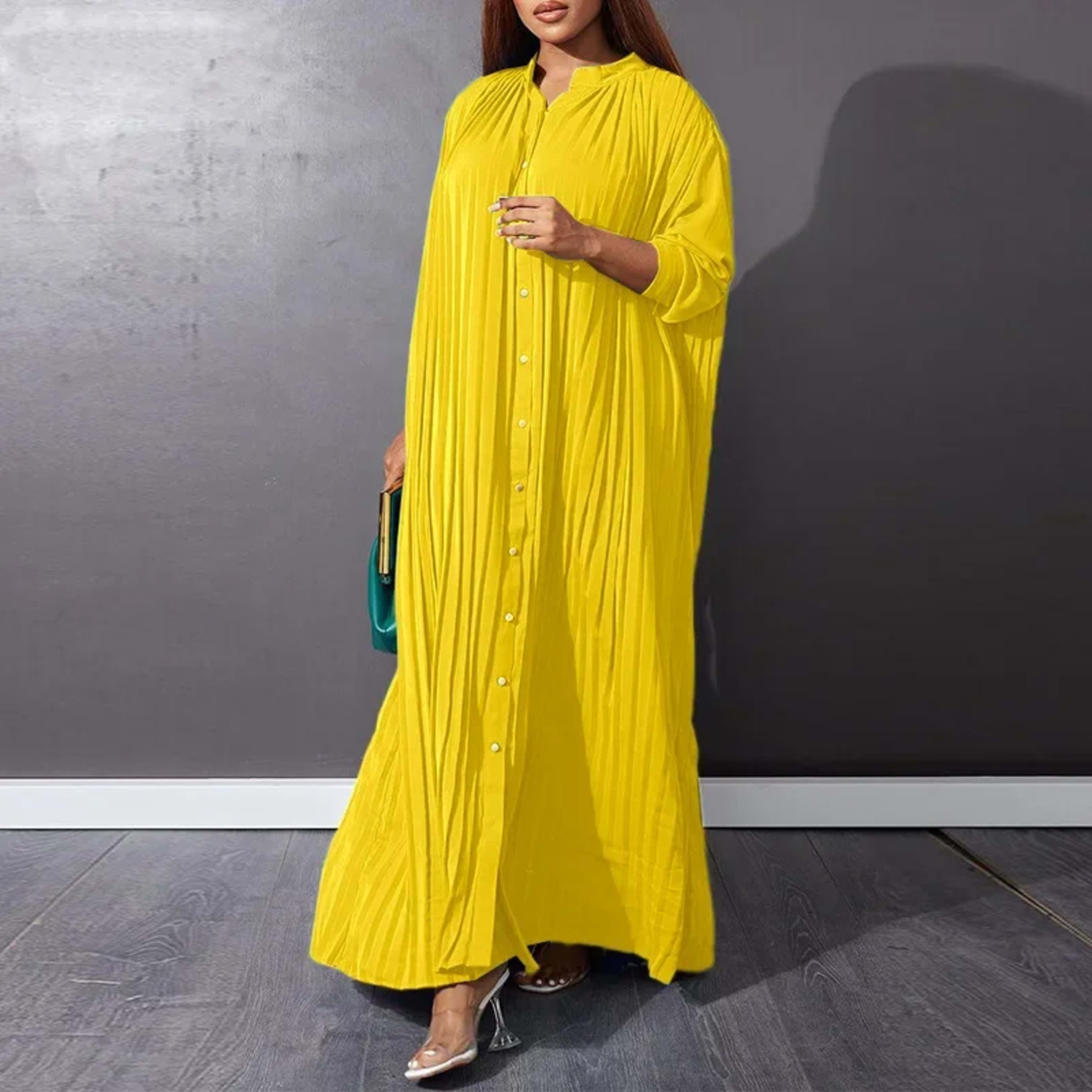 Women Eid Muslim Dresses Stand Collar Single Breasted Dubai Arab Vestidos Ramadan Casual Loose Kaftan Dress Solid Pleate