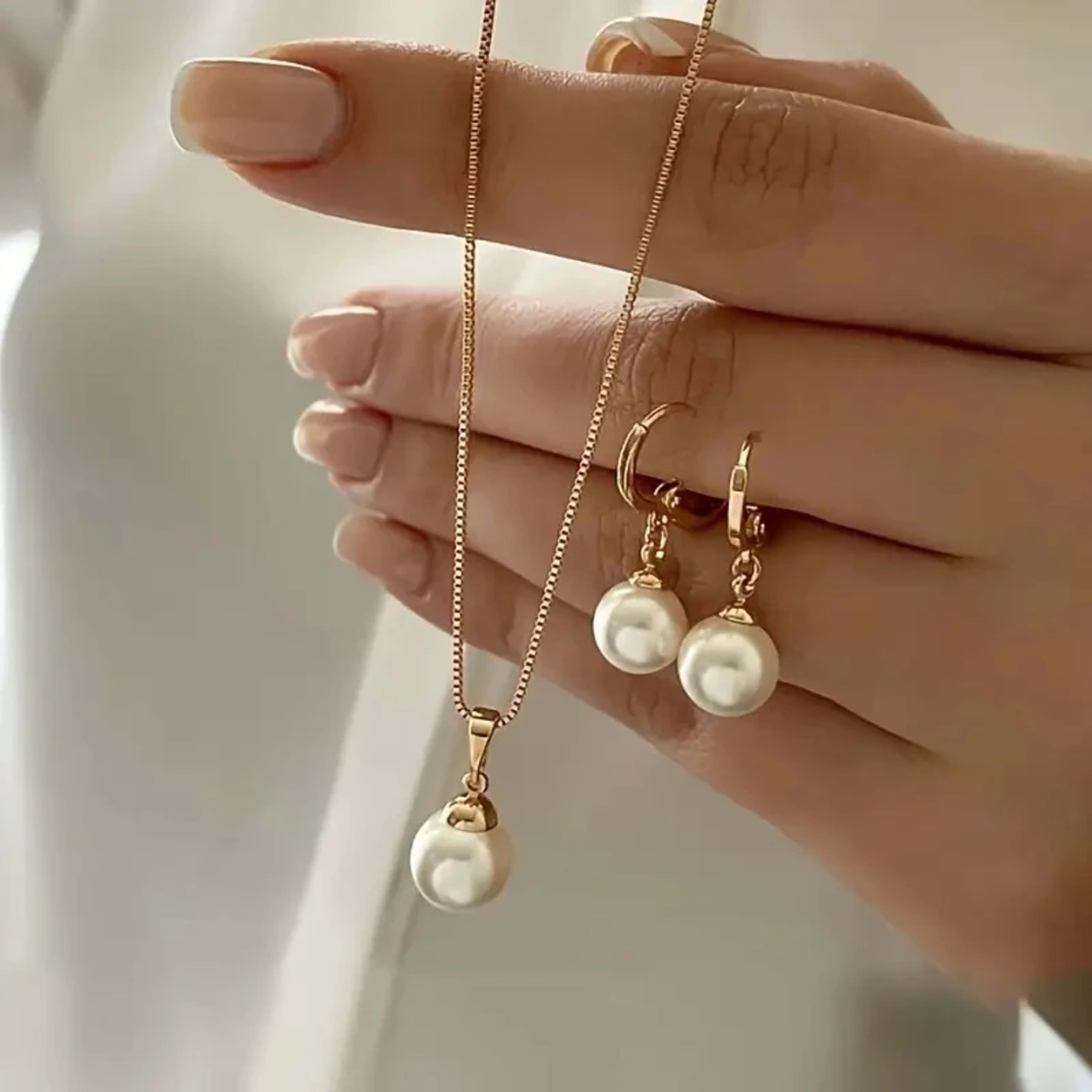 Fashion Elegant Imitation Pearl Pendant Jewelry Set for Women Vintage Gold Color Chain Necklace Earring Girl Wedding Par
