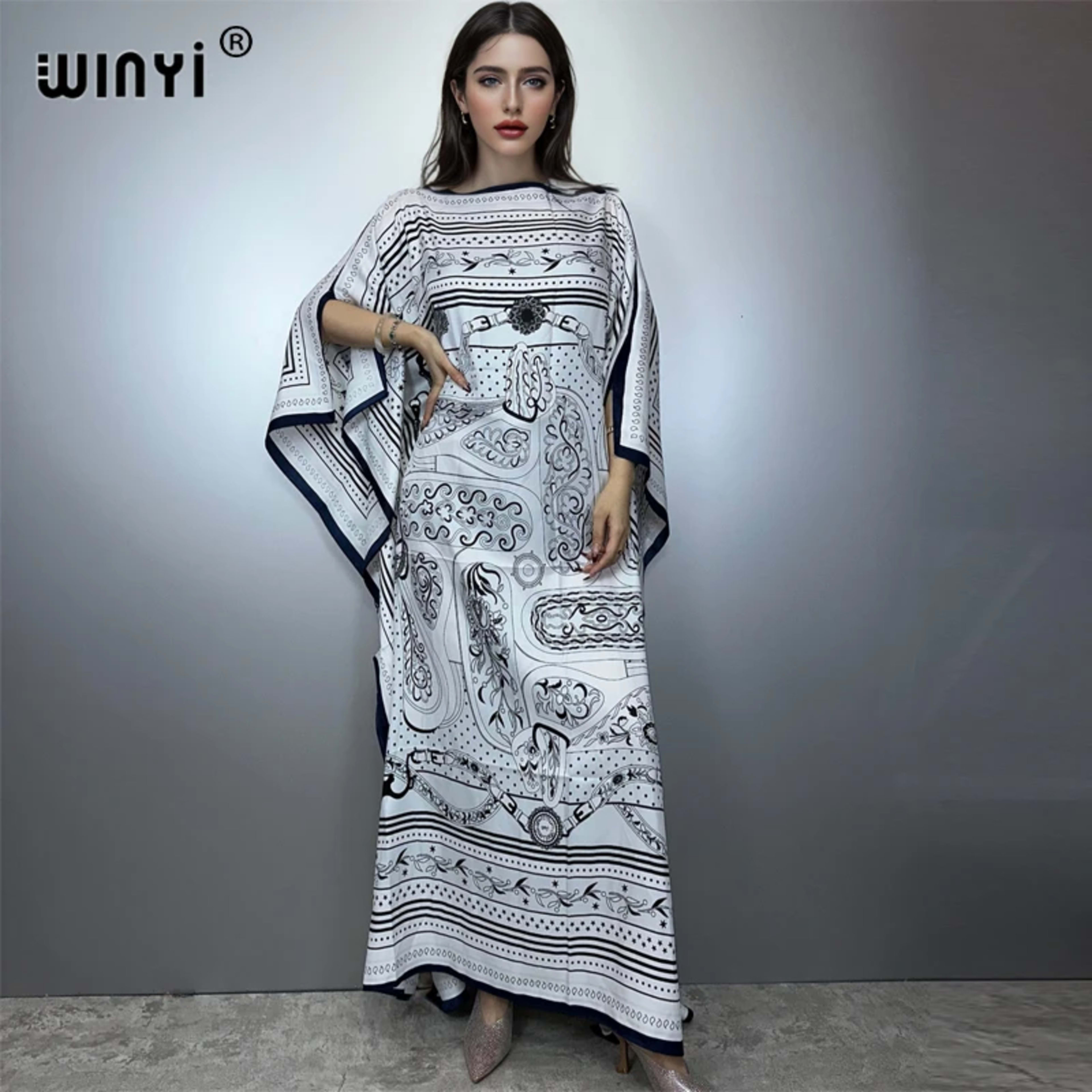 Printed Dresses For Women 2025 Fashion Design Loose Dress Batwing Maxi Long Femme Vestidos Summer Autumn Party Elegant D 13