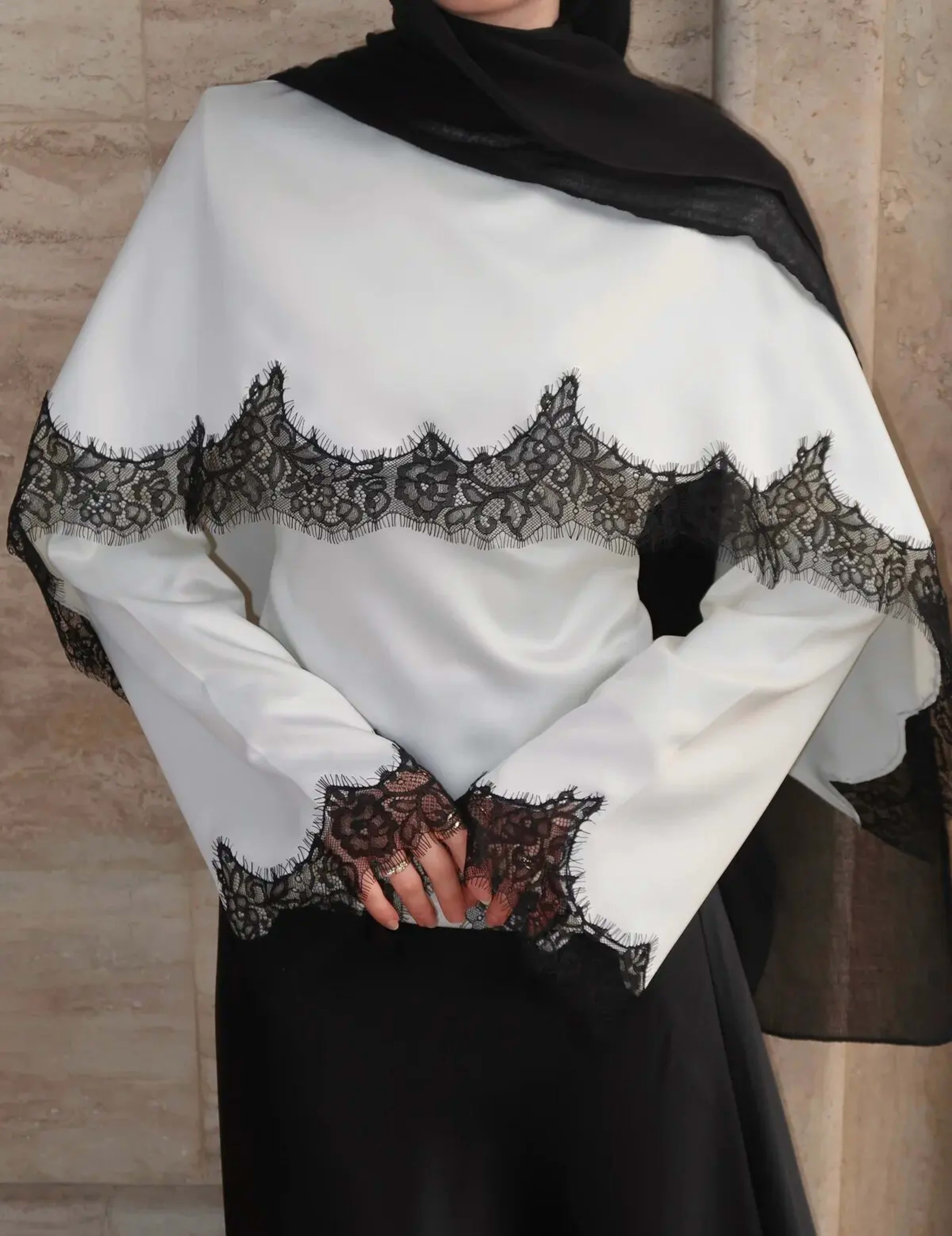Women Top Blouse Fake Two Pieces Lace Patchwork Eid Muslim T Shirts Round Collar Flare Sleeve Dubai Ramadan Blouses Spri