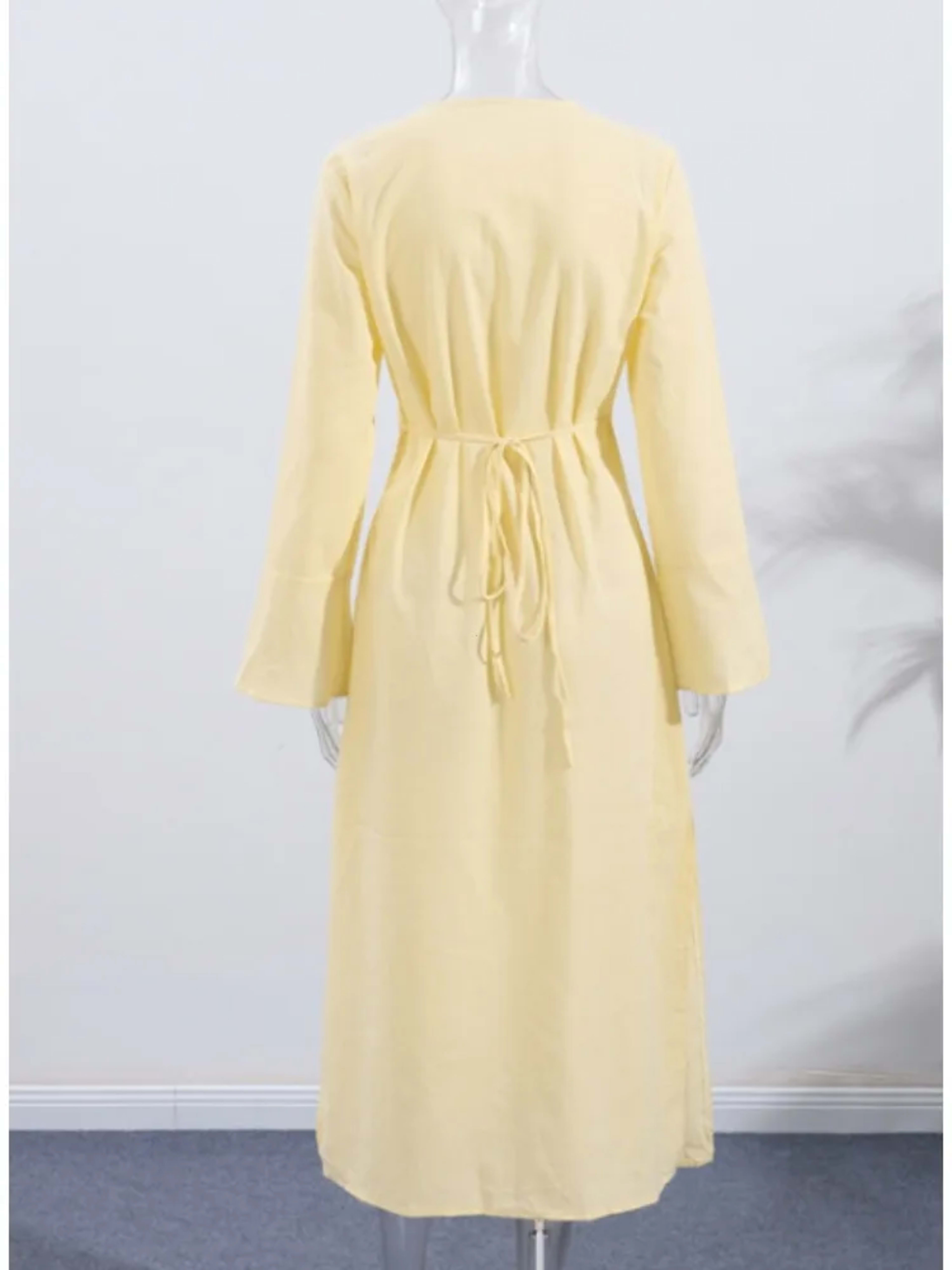 Women' Dresses Elegant O-neck Cotton Lined Back Lace Up  Flare Sleeve Waist Cinching Long Robes Female 2025 Summer Lady  5