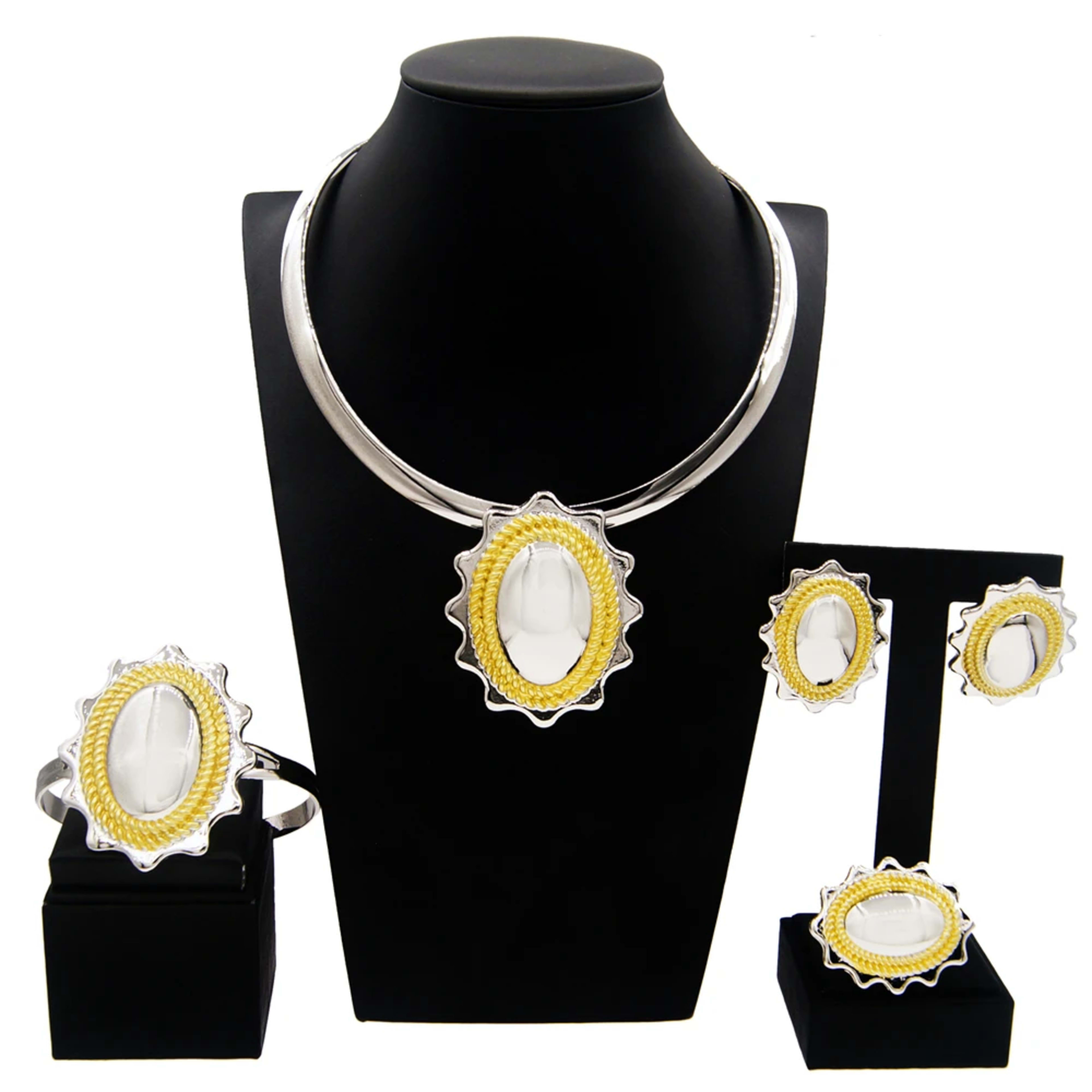 Jewelry Sets For Women Pendant Necklace Gold Plated Silver Simple Fashion Design Big Earring Bracelet Ring Sets Exquisit 5