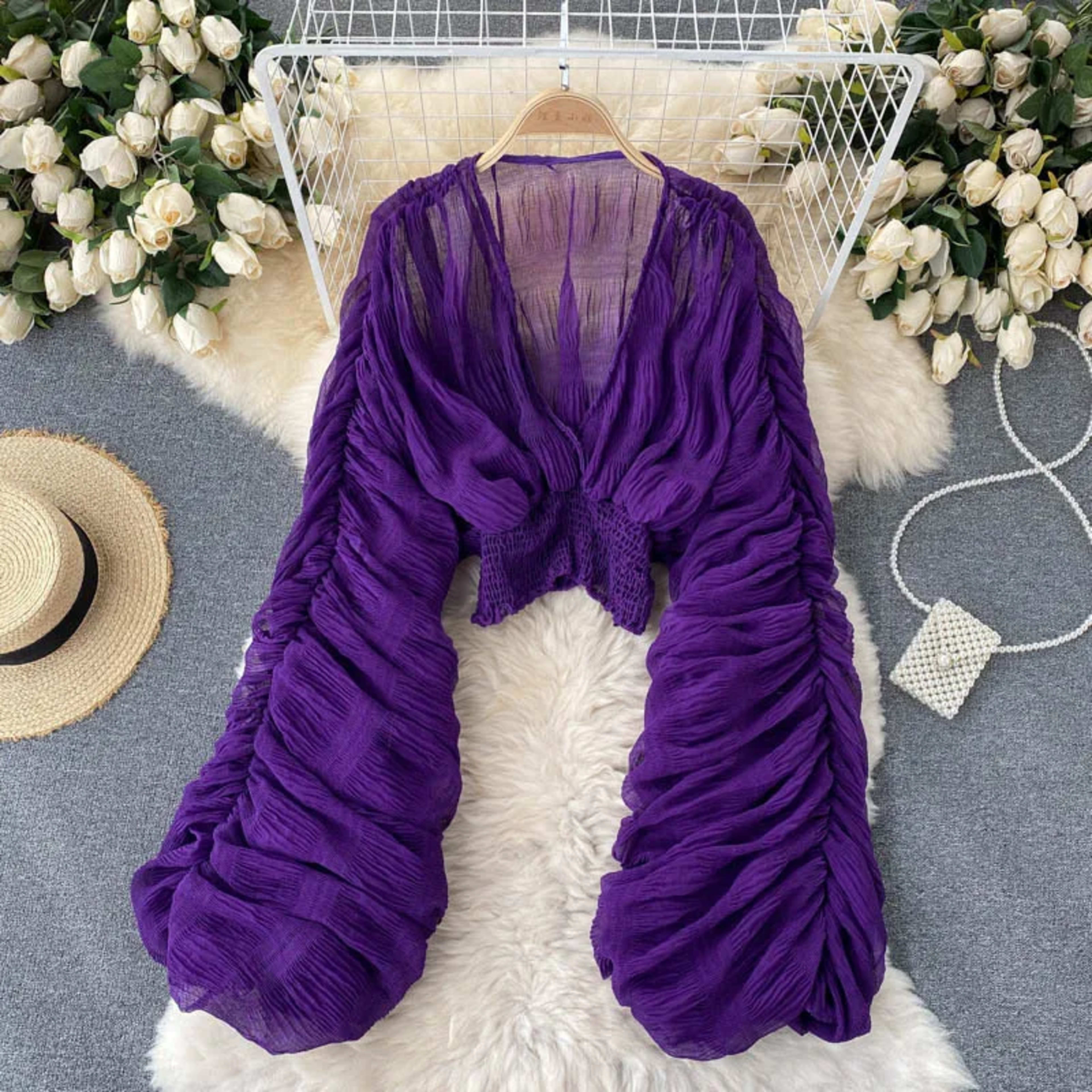Blouse Women Sexy V Neck Ruffles Top Lace Up Backless Petal Sleeve Pleating Chiffon Tops Blouses Spring 2026 Office Lady 4