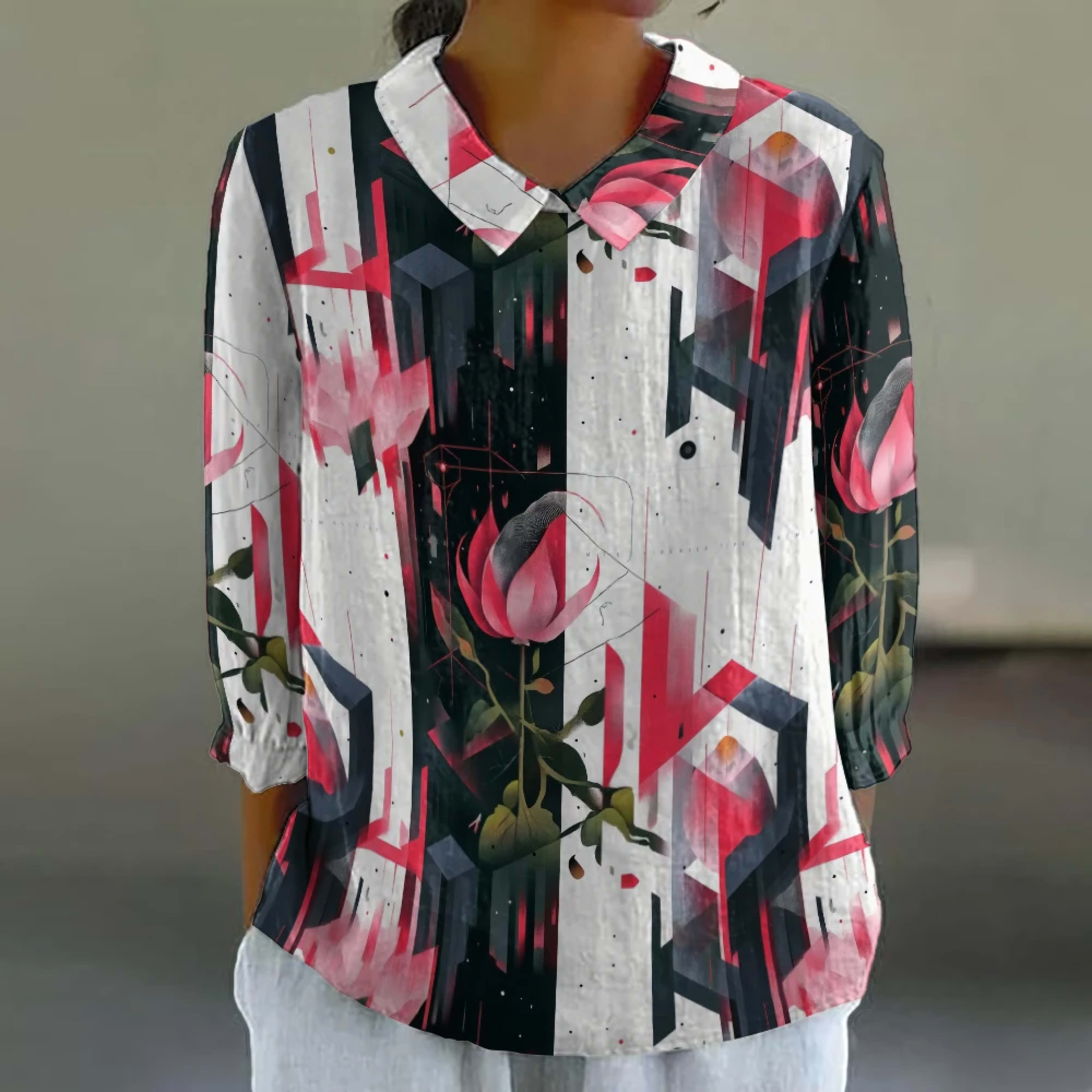 Women's Floral Shirt Cute 3/4 Sleeve Blouse Breathable Vacation Top Resort Style Button Down Tunic Summer Casual Shirt P 14