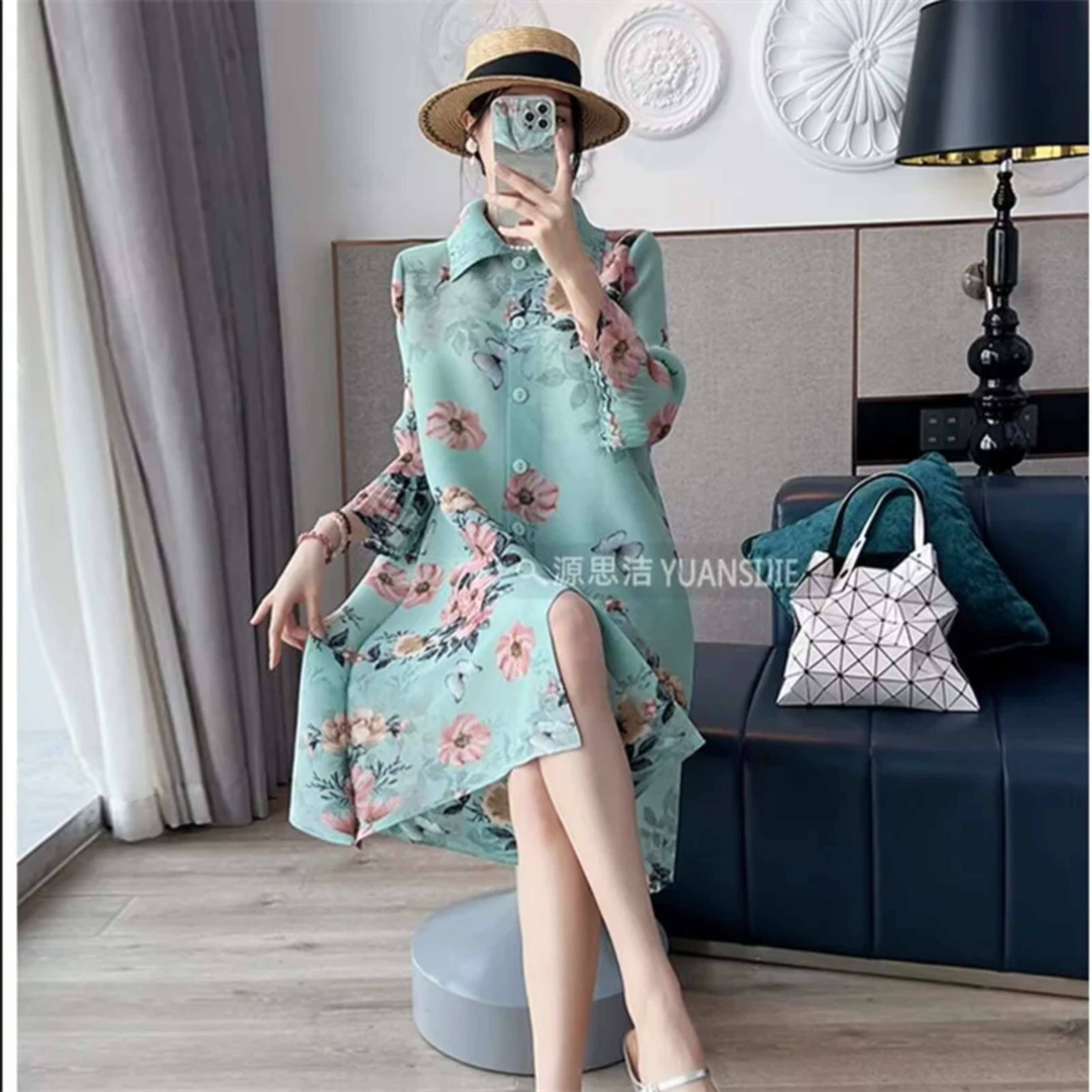Womens Dresses Evening Dresses Fashion Holiday Style Printed Dress Spring/Summer Flower Folding Long Dress Loose Plus Si 1