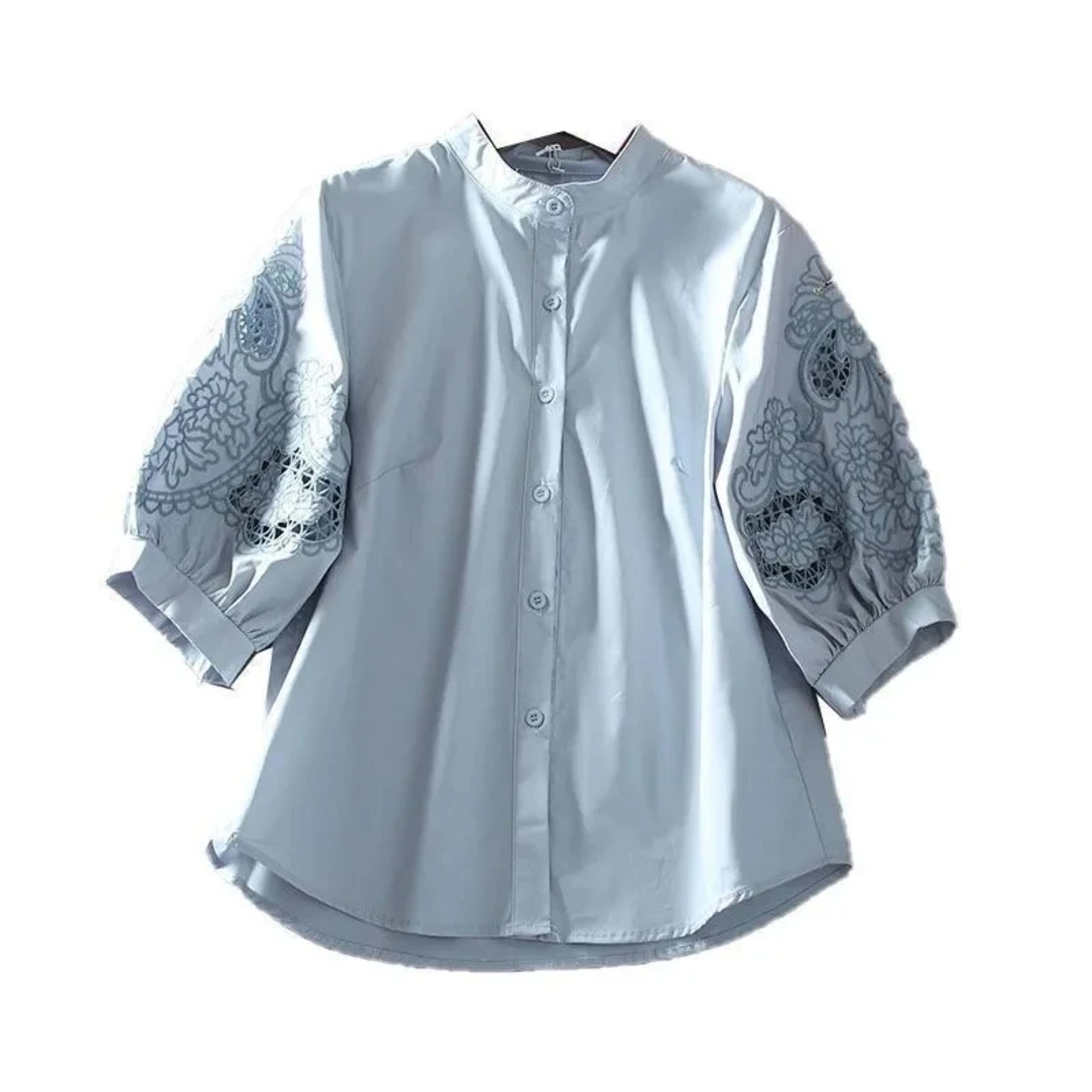 Women's Blouse 2025 Spring Summer Hollow Heavy Embroidery Ladies Tops Stand Collar Temperament Lady Loose Lantern Sleeve 3