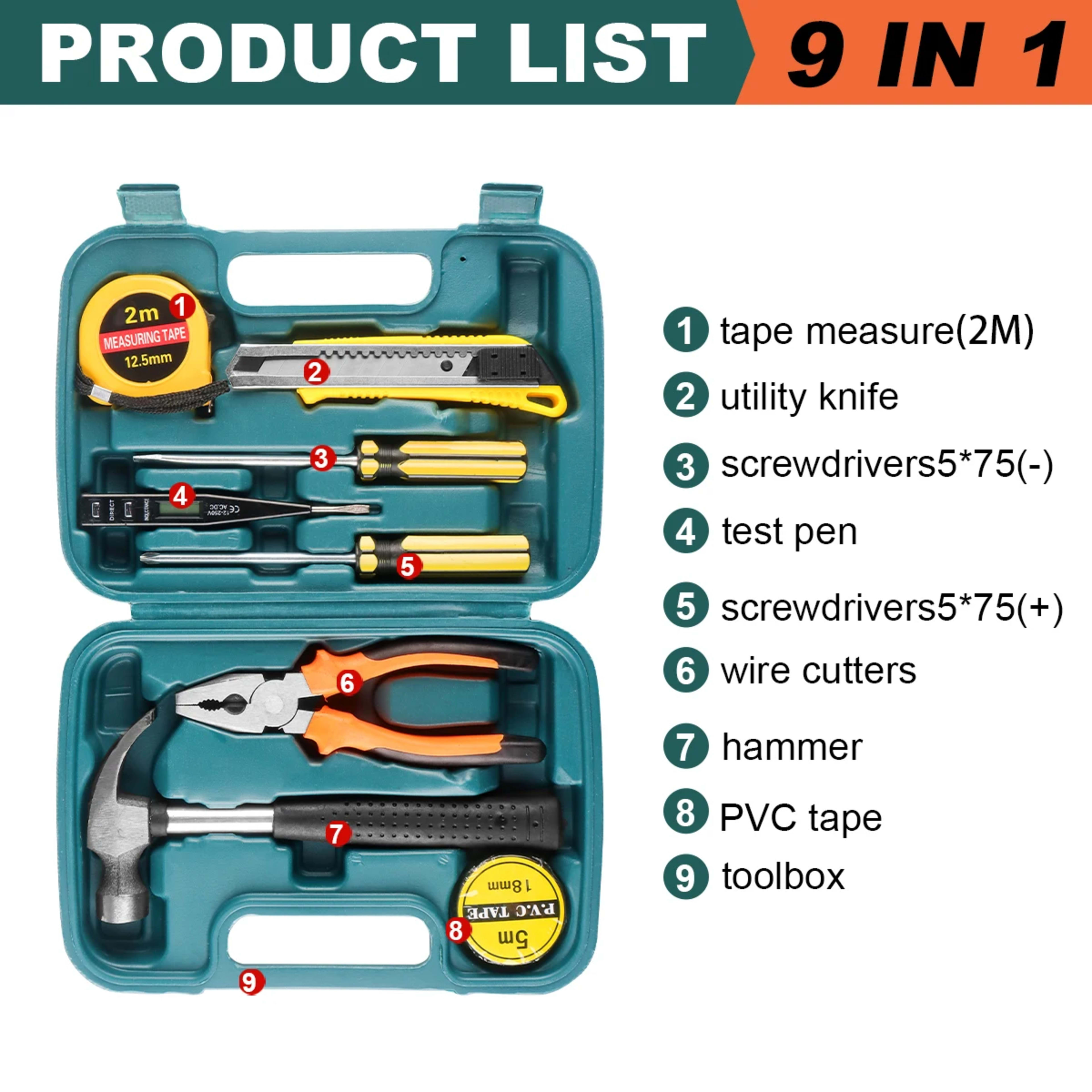 Household hand Tools Set General House hold Hand Tool Kit with Plastic Toolbox Storage Case Used to Car repair And home  16