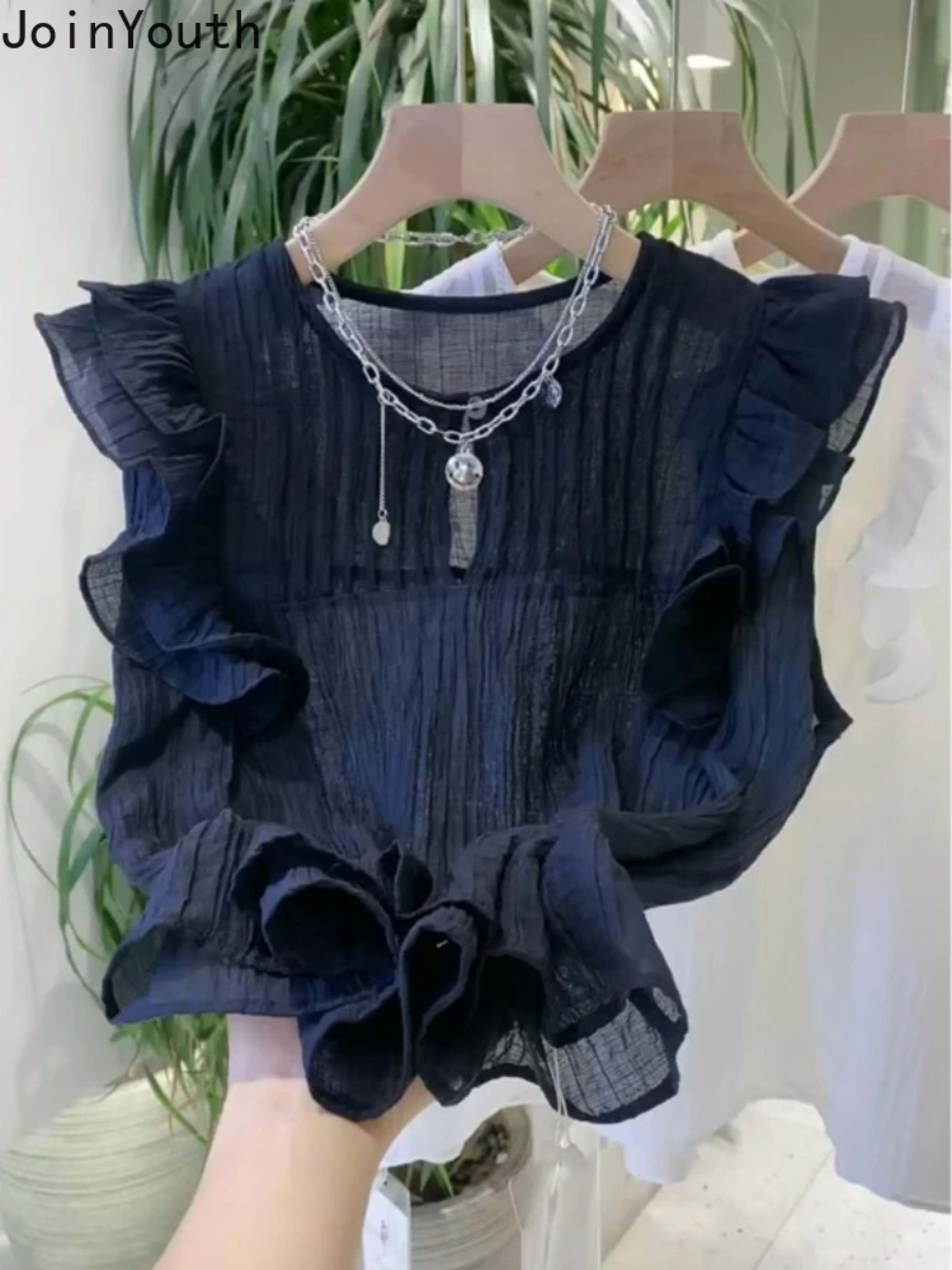 White Blouses for Women 2025 Blusas Mujer De Moda Sleeveless O-neck Loose Shirts Ruffles Loose Vintage Summer Blouse Top 1