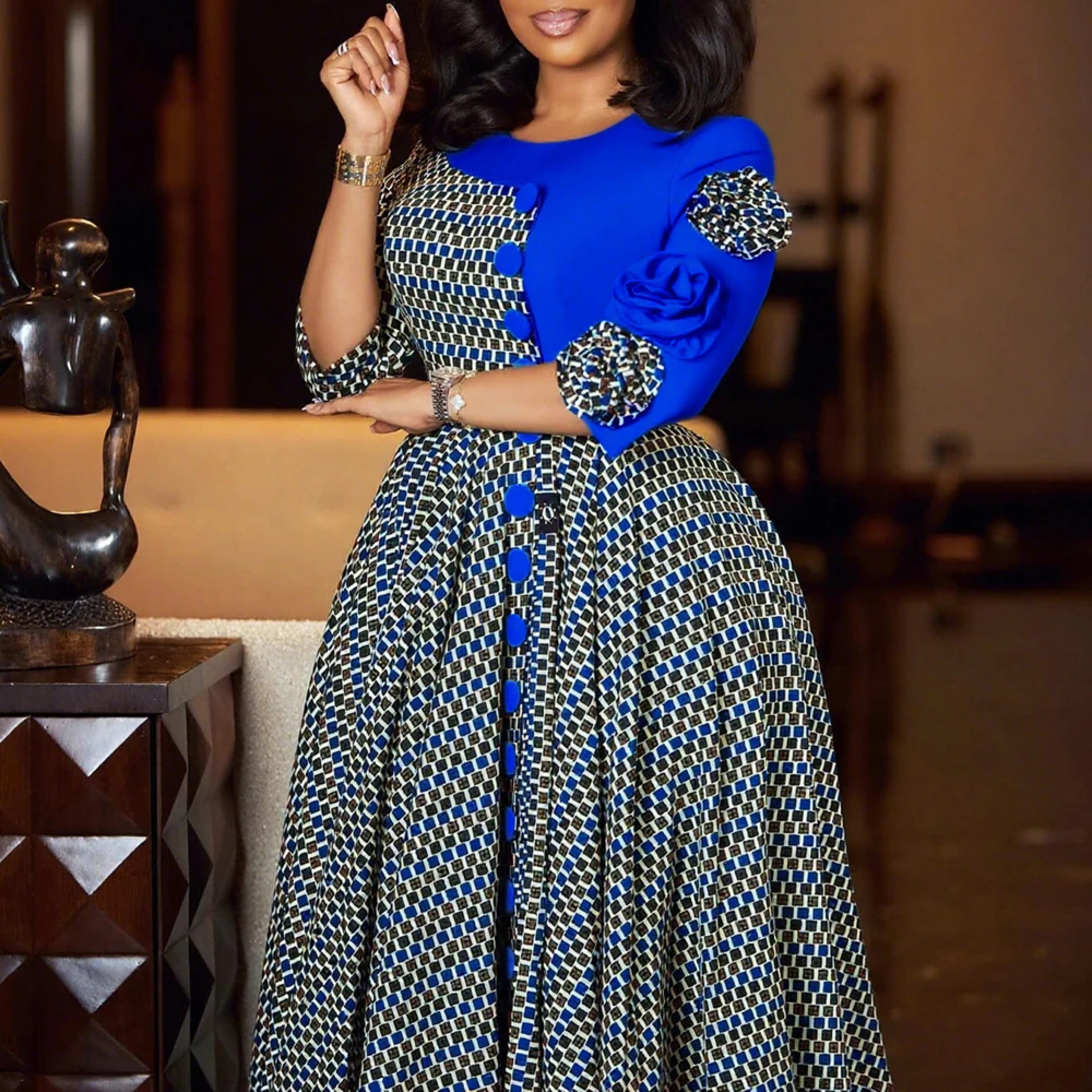 Elegant Dresses for Women 2025 Fall Fashion African 3/4 Sleeve Party Birthday New Robe Chic 3D Flower Plaid Evening A-Li 3