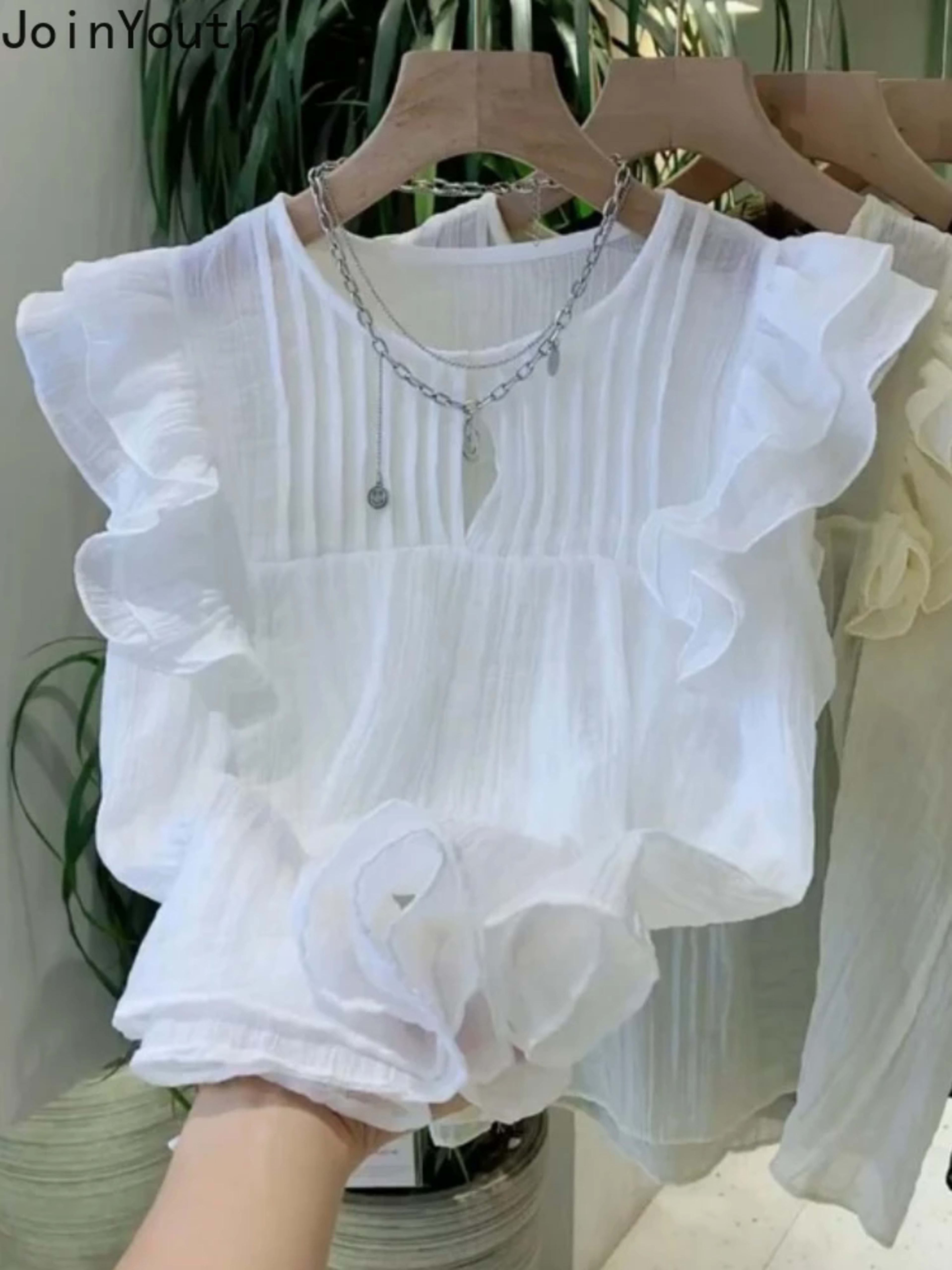 White Blouses for Women 2025 Blusas Mujer De Moda Sleeveless O-neck Loose Shirts Ruffles Loose Vintage Summer Blouse Top 2