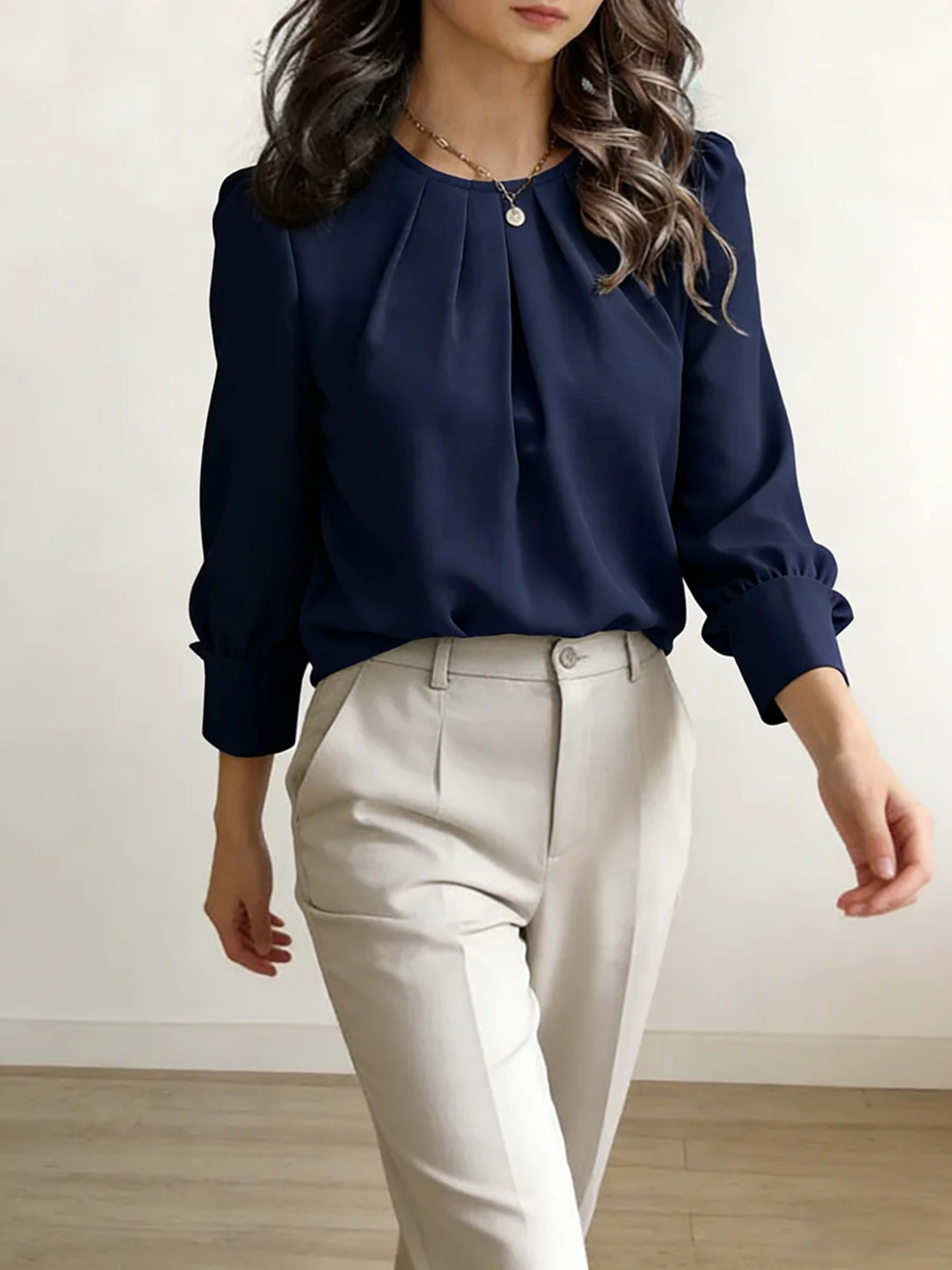 Women's Blouse Round Neck Long Sleeve Tops Solid Pleated Loose Tops Elegant Blouse Spring Summer Casual Blouse Office Li 3