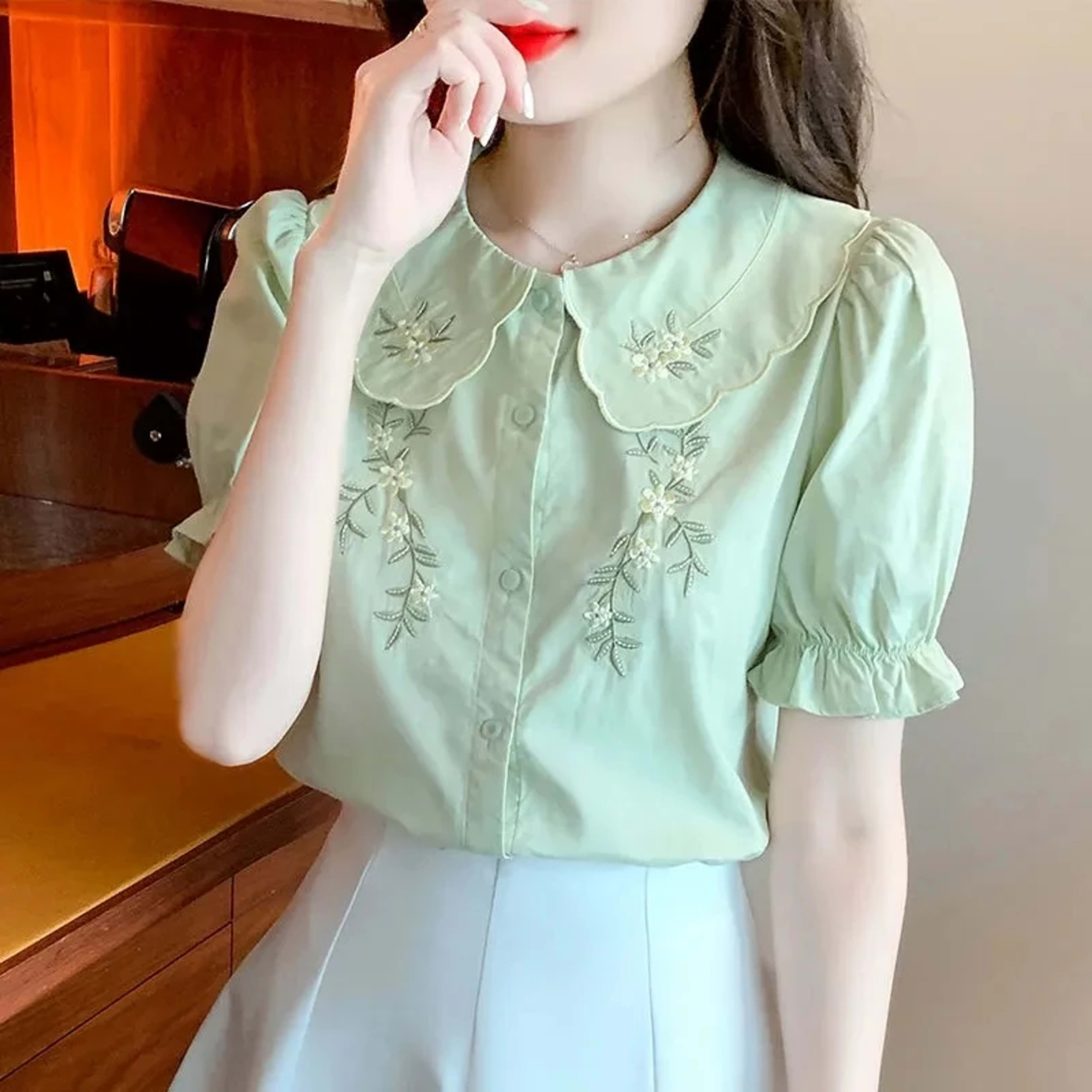 Women's Blouse 2025 Spring Summer Embroidery Short Sleeve Ladies Shirt Comfortable Solid Color Versatile Temperament Lad 3