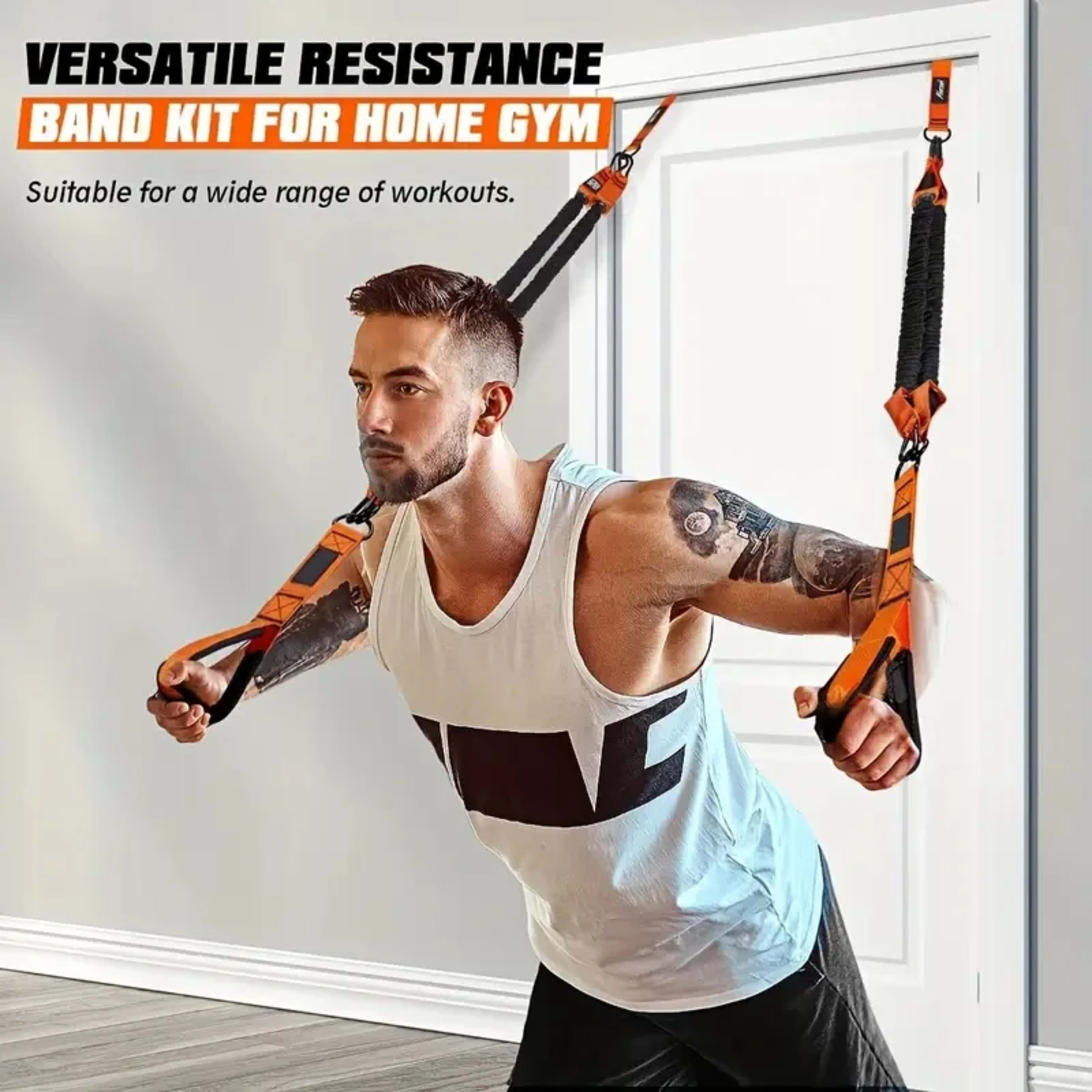 Home fitness equipment. A resistance band used for downward pressure and other exercises to shape your triceps, latissim 3