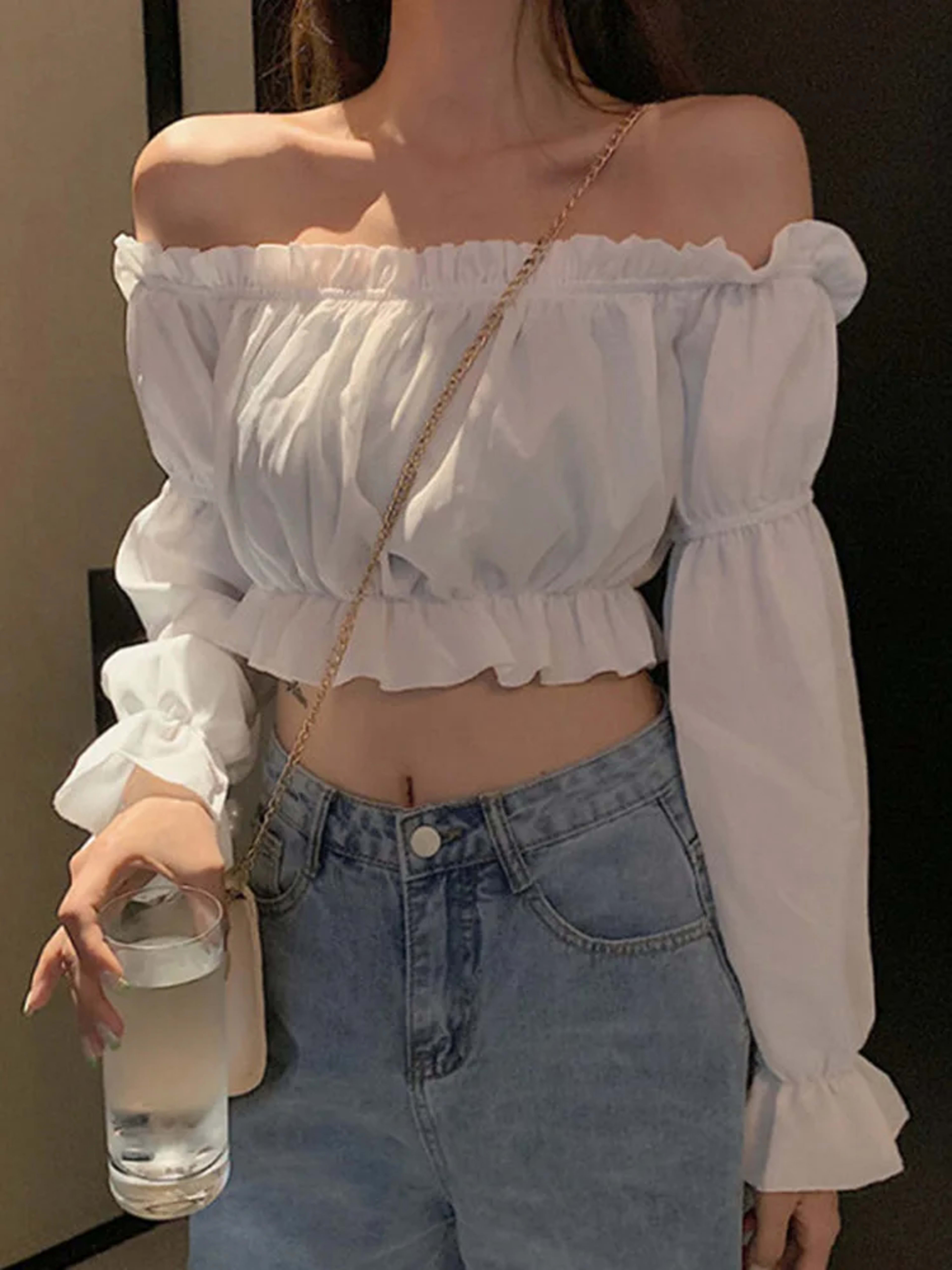Women Top Sexy Blouse Off Shoulder Top Long Sleeve Solid Color White Shirt Puff Sleeve Ruffle Tunic Crop Top Summer Tube 8