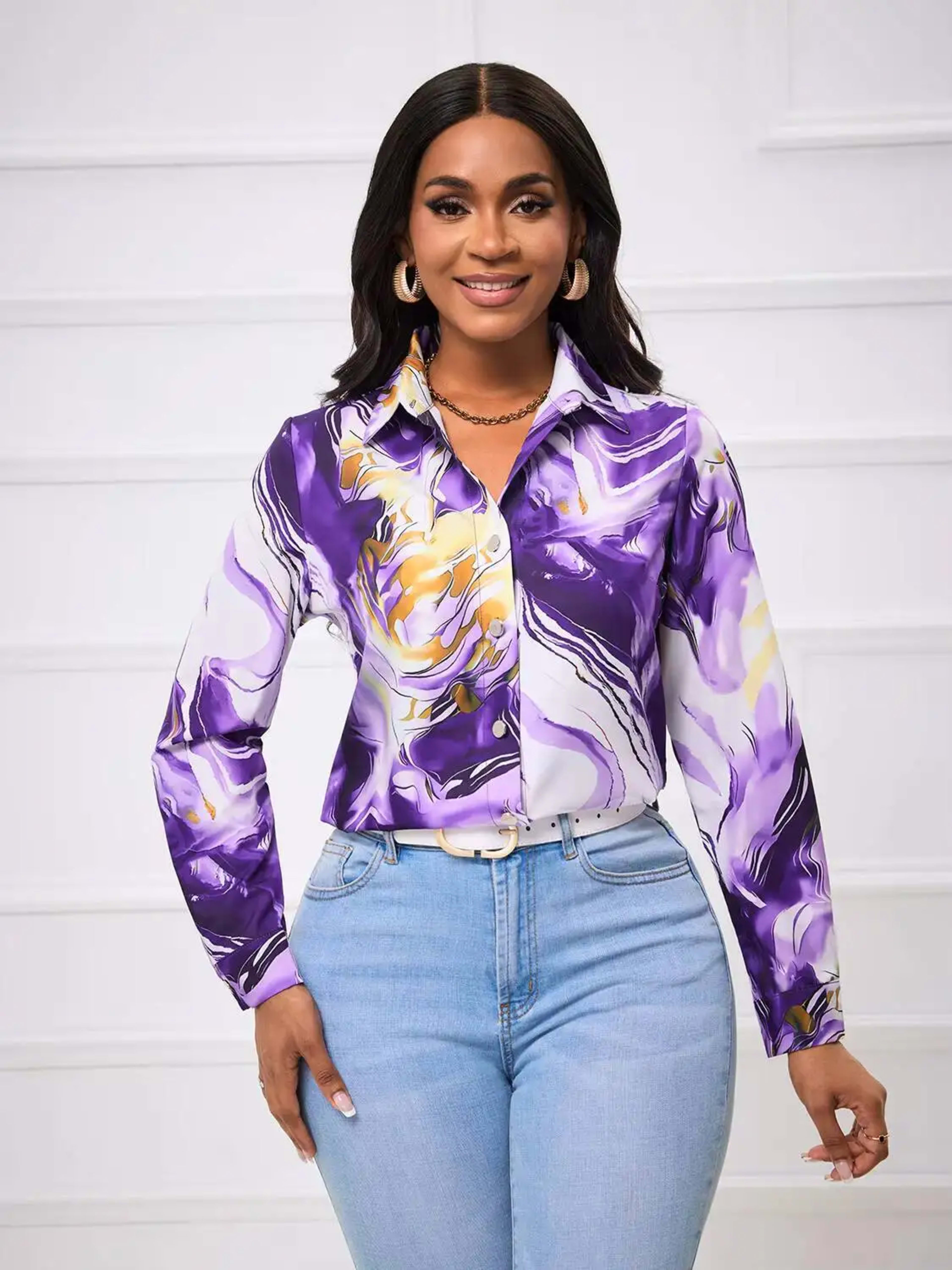 Women's Blouse Spring Summer Purple Gold Marble Print Collar Front Button Long Sleeve Satin Luxury Elegant Daily Office  6