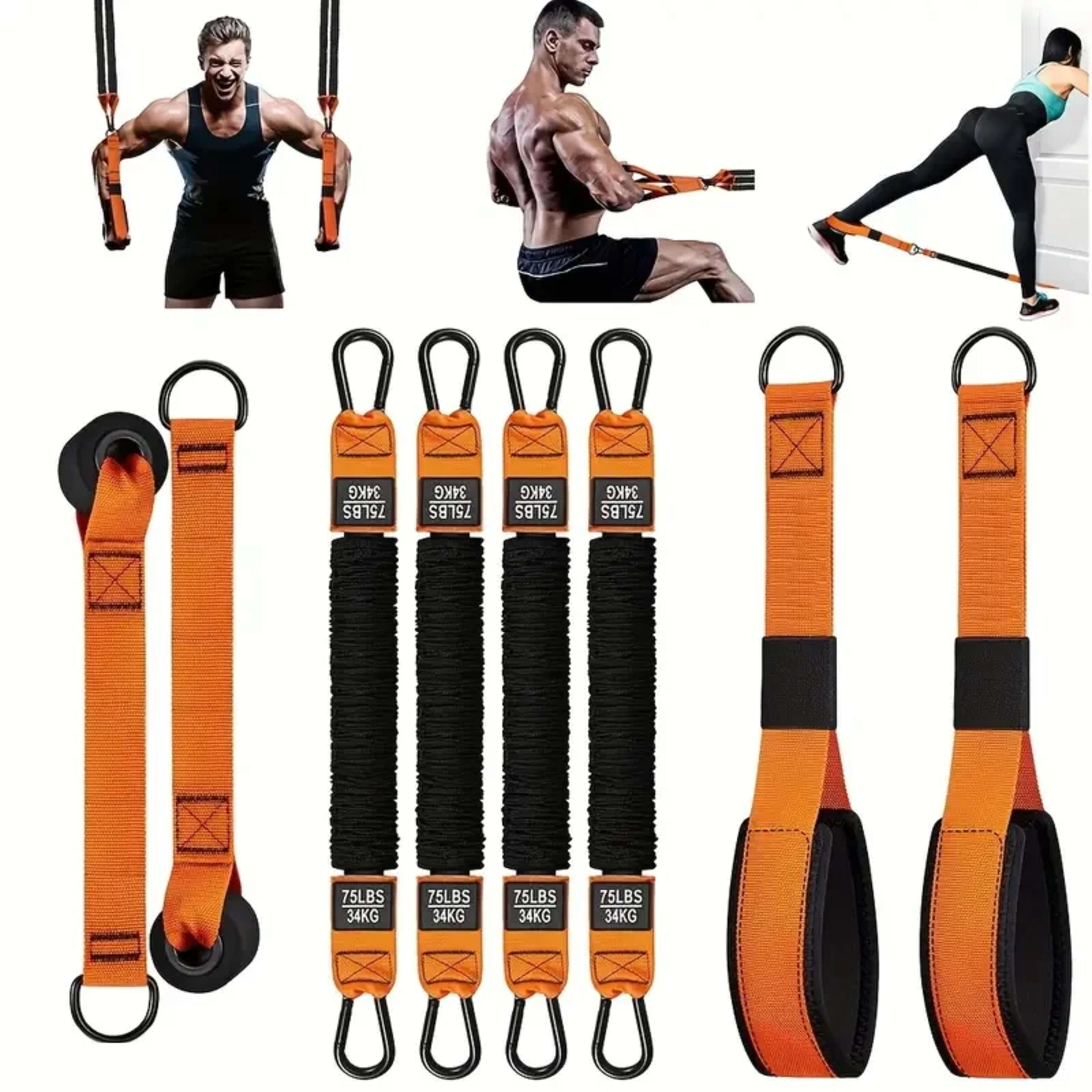 Home fitness equipment. A resistance band used for downward pressure and other exercises to shape your triceps, latissim