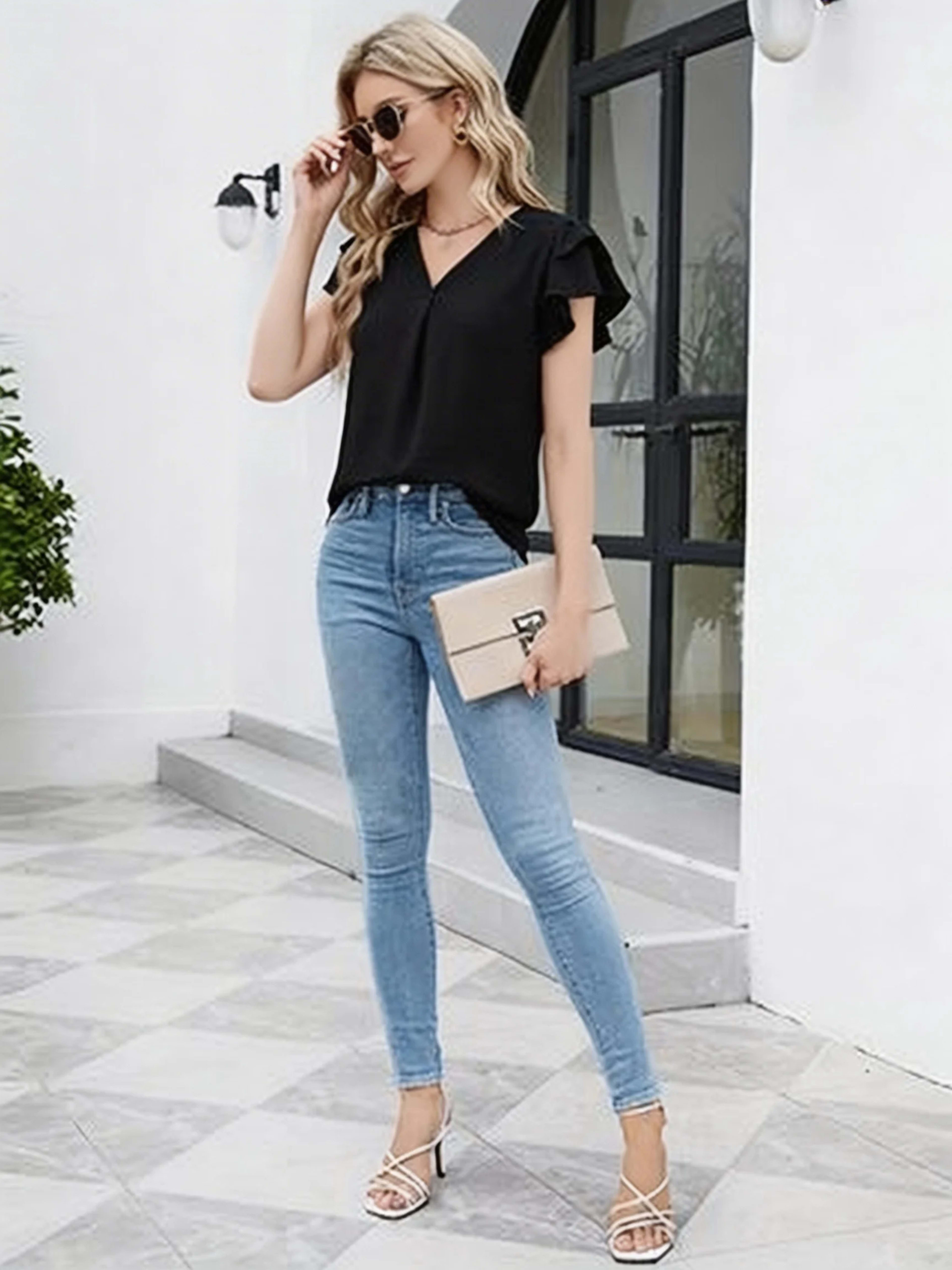 Women's Casual Blouse - V-Neck Ruffle Sleeve Top with Soft Wrinkled Fabric for Daily Wear 5