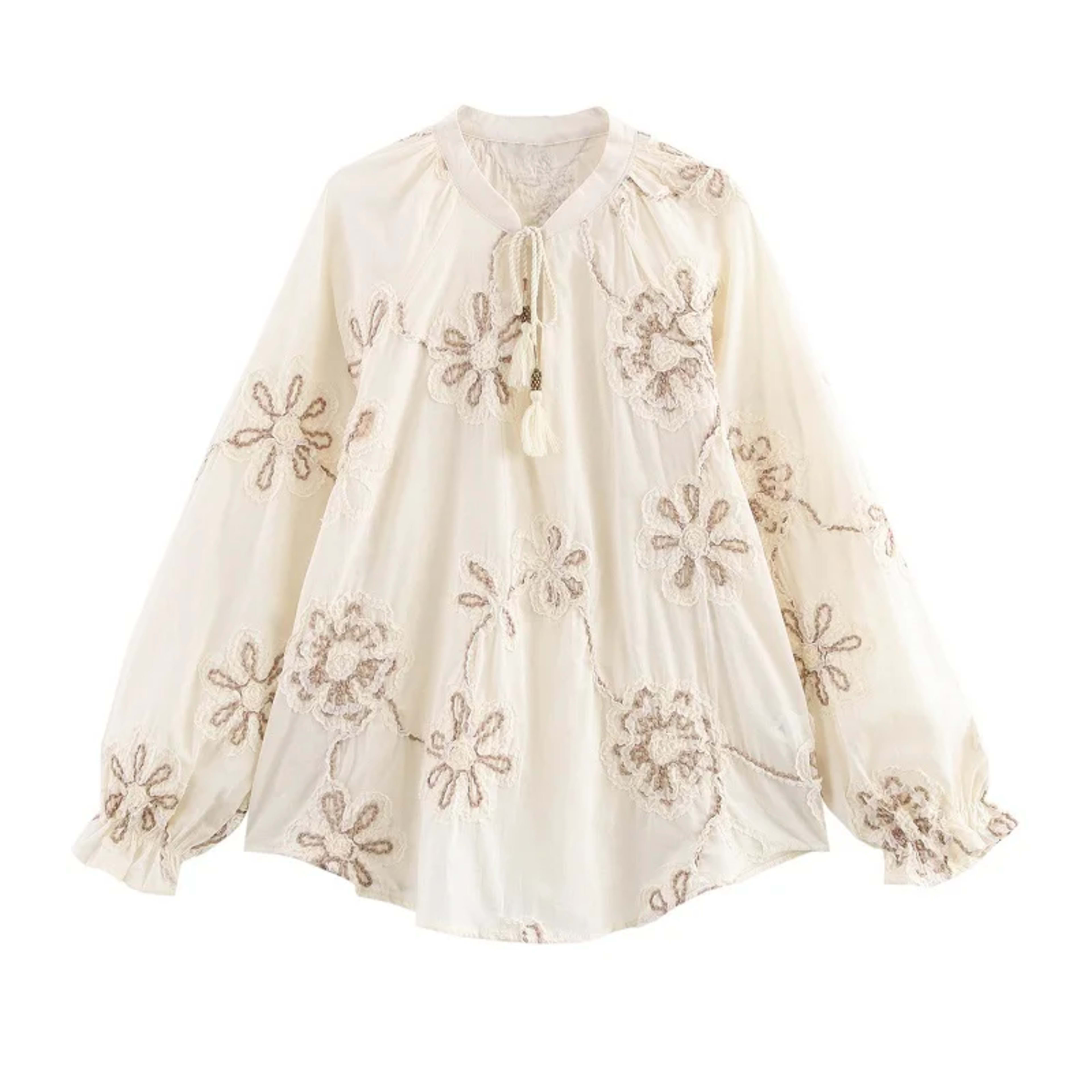 MUJER Flower Embroidered Blouses for Women Tassel Casual Shirts and Blouses Woman Ruched Beach Women's Blouse Summer Boh