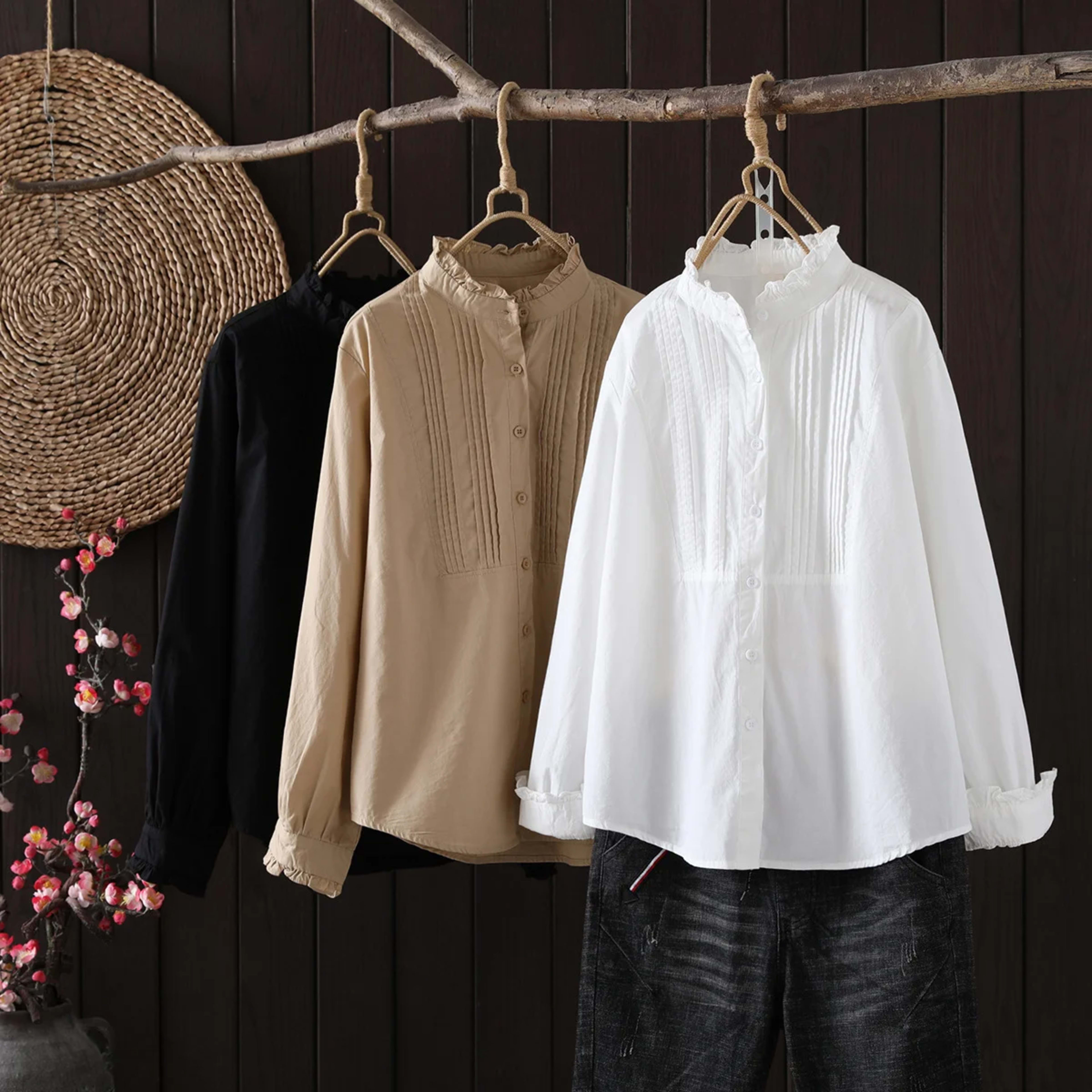 Blusas Mujer De Moda Stand Collar Blouse Women Long Sleeve Cotton Pleated Blouse Shirt Women Tops Women Blouses Shirts B 1