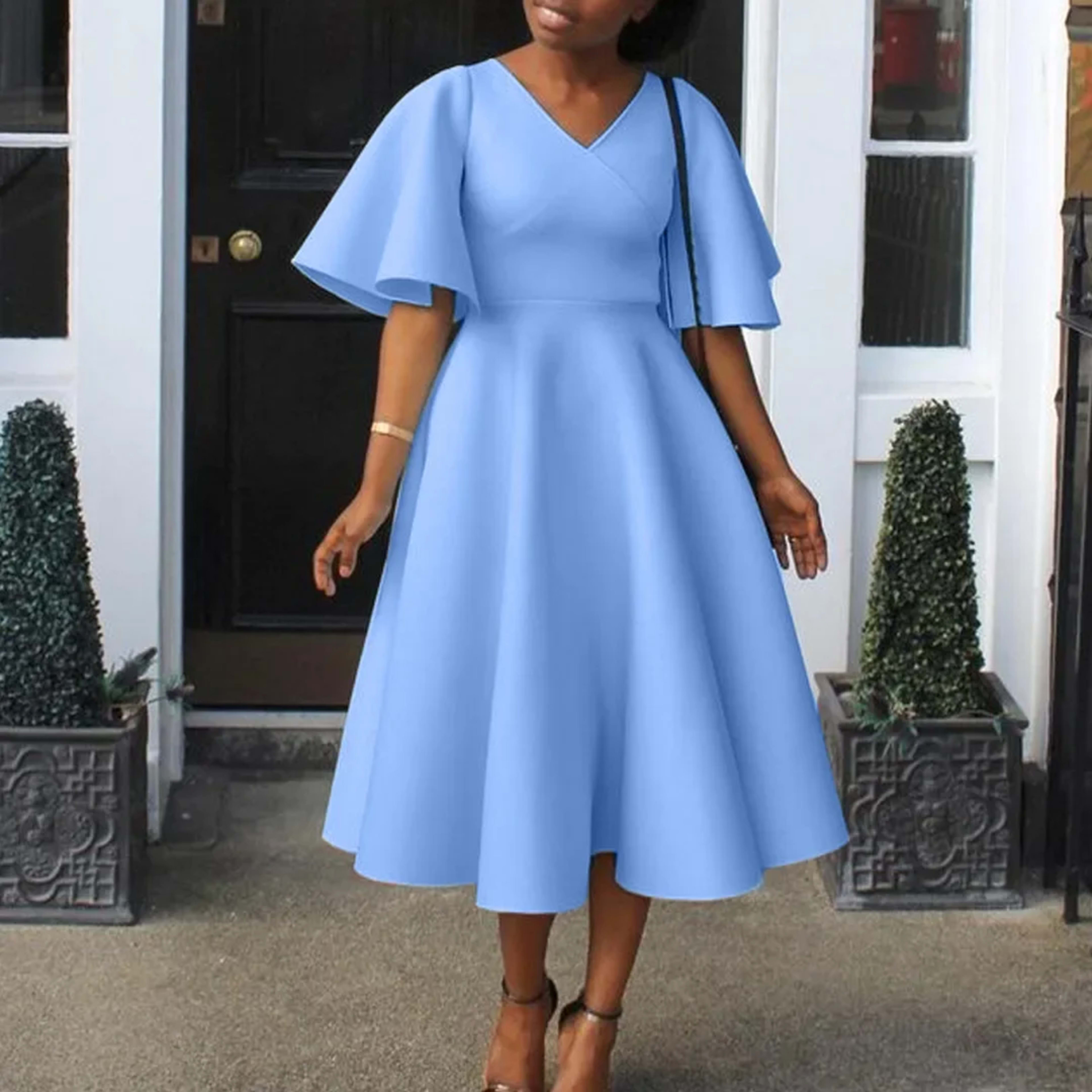Elegant Dresses for Women V Neck Flare Sleeve High Waisted Pleated A Line Mid Calf Luxury Birthday Party Dinner Vestidos 8