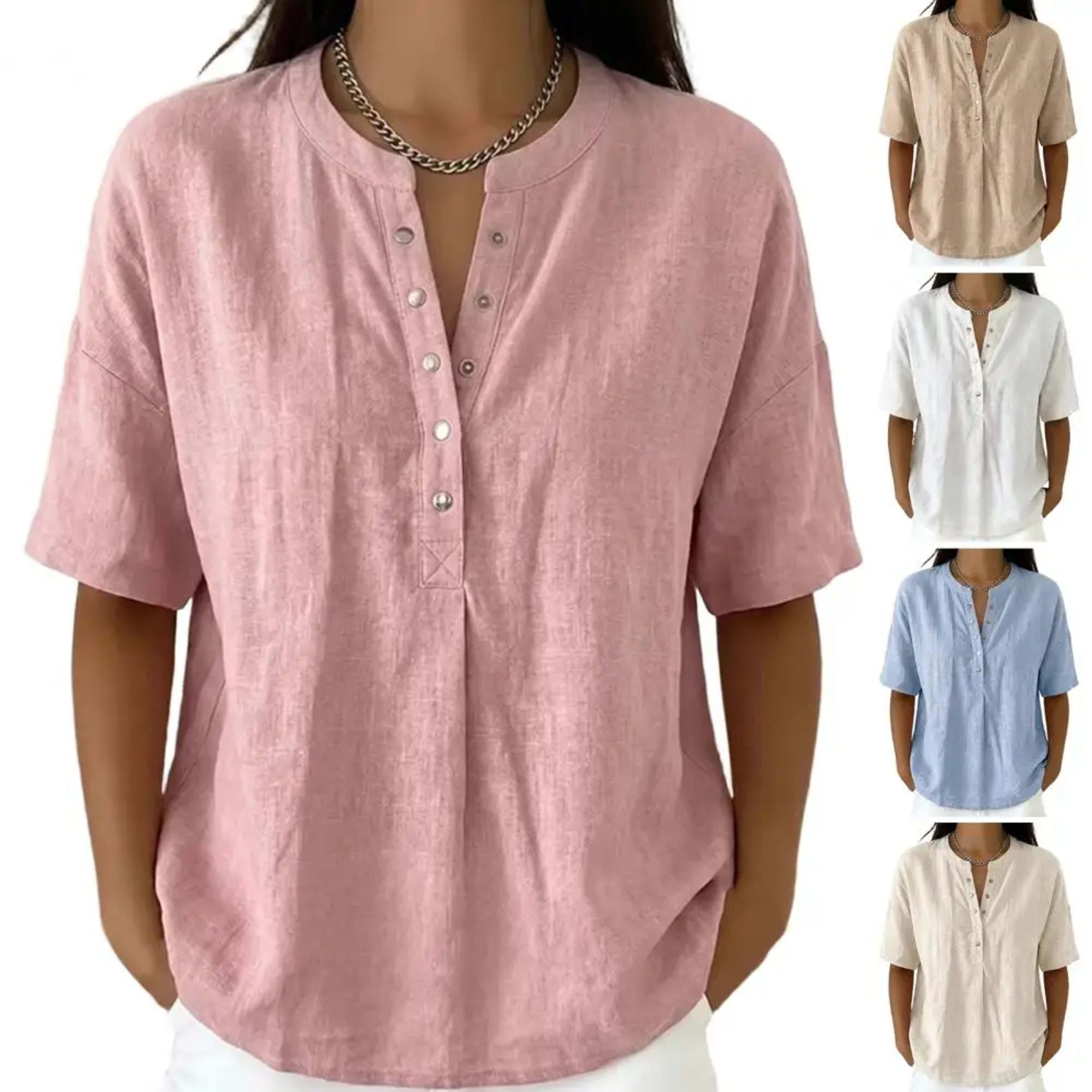 Women Tops Soft Comfortable Women Blouse Women’s V Neck Button Closure Top Short Sleeve Pullover Blouse Loose Fit Commut 3